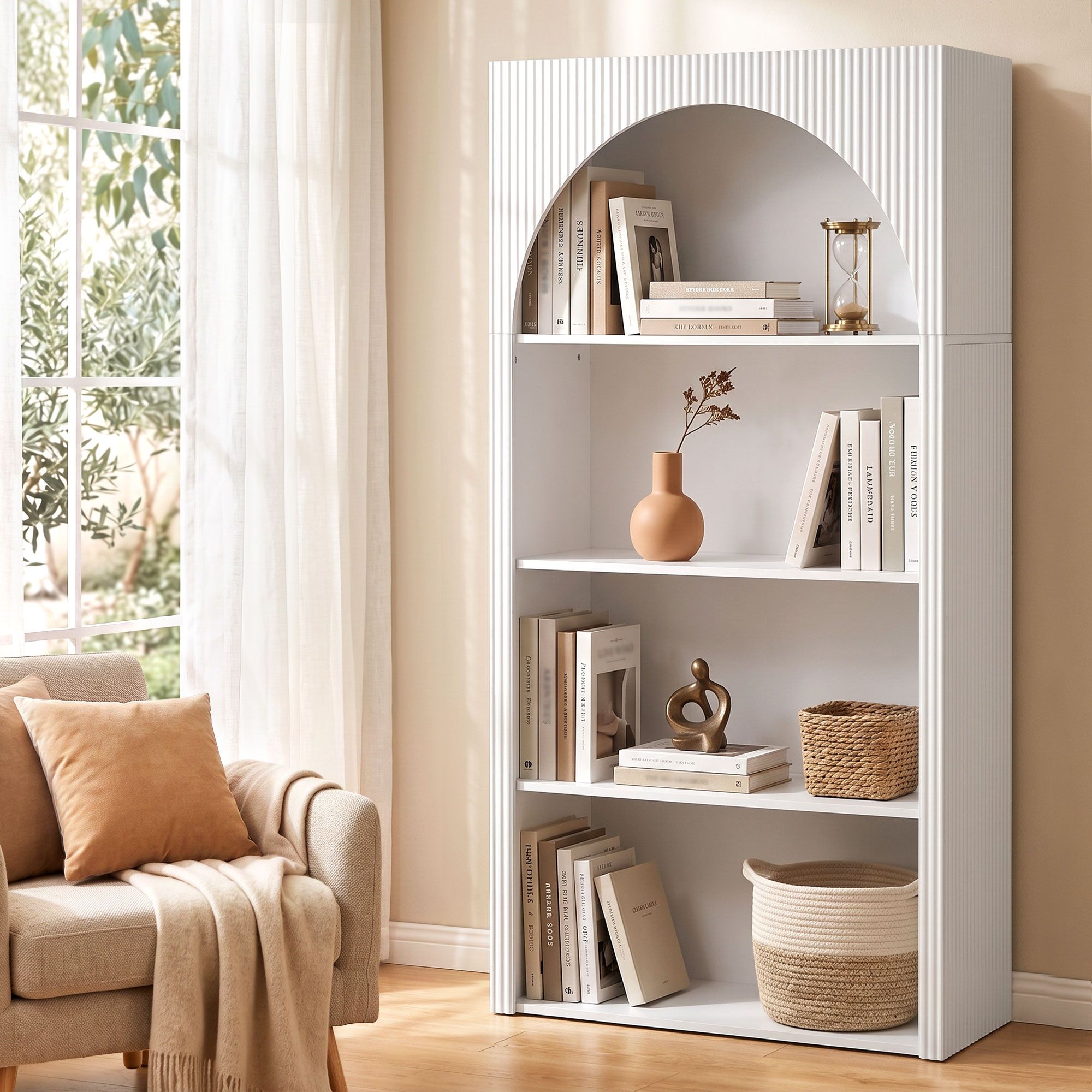 Artiss 4 Tier Bookshelf Arched Fluted Storage Display Cabinet Unit White Bedworld