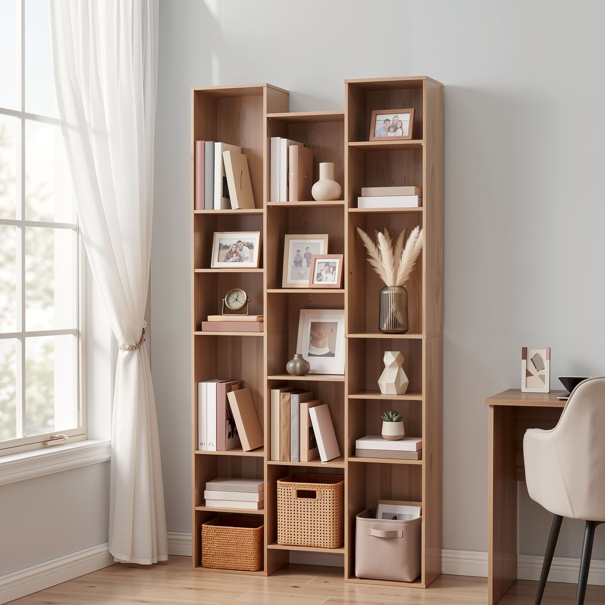 Artiss Bookshelf Display Shelves CD DVD Storage Rack Tall Bookcase Oak Bedworld