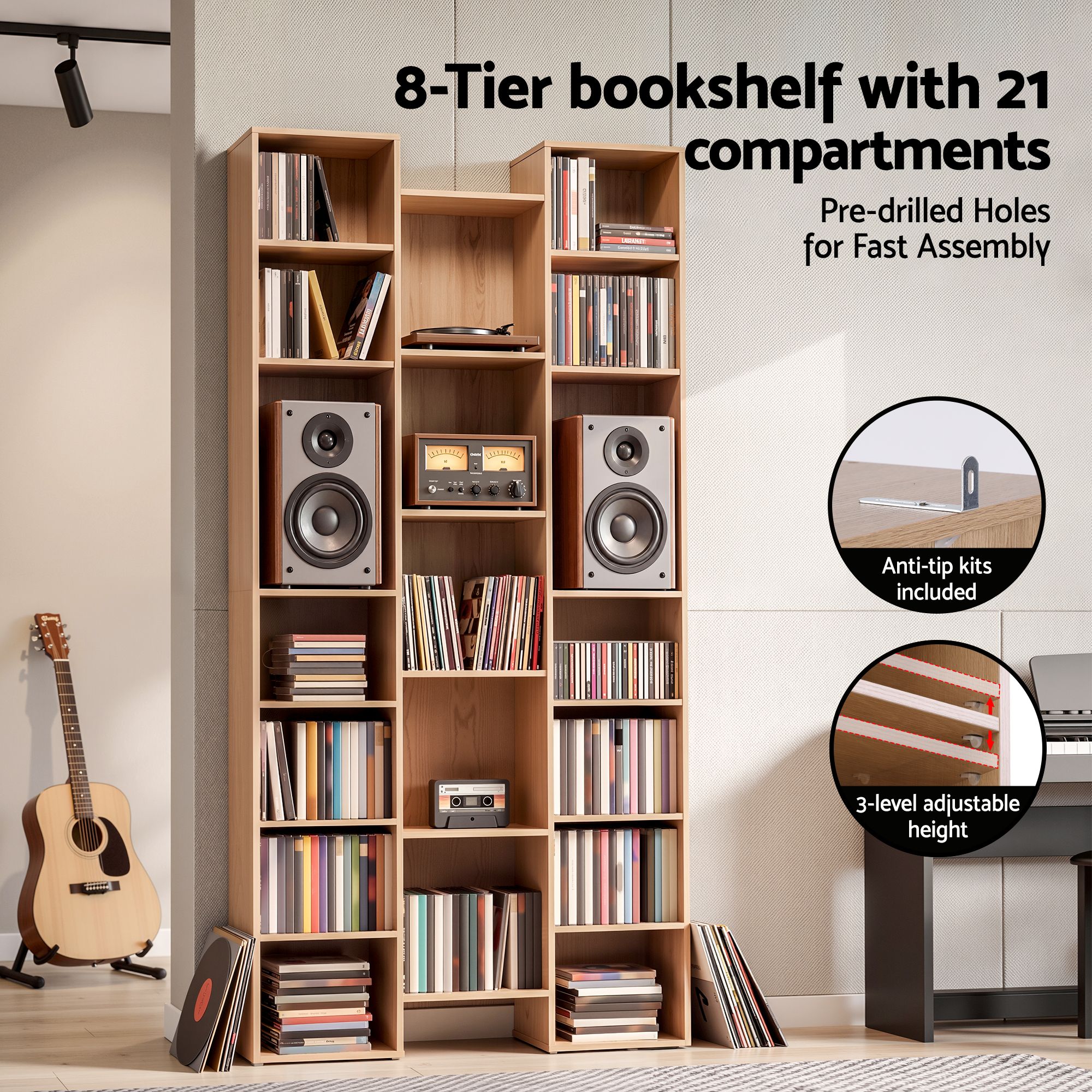 Artiss Bookshelf Display Shelves CD DVD Storage Rack Tall Bookcase Oak Bedworld
