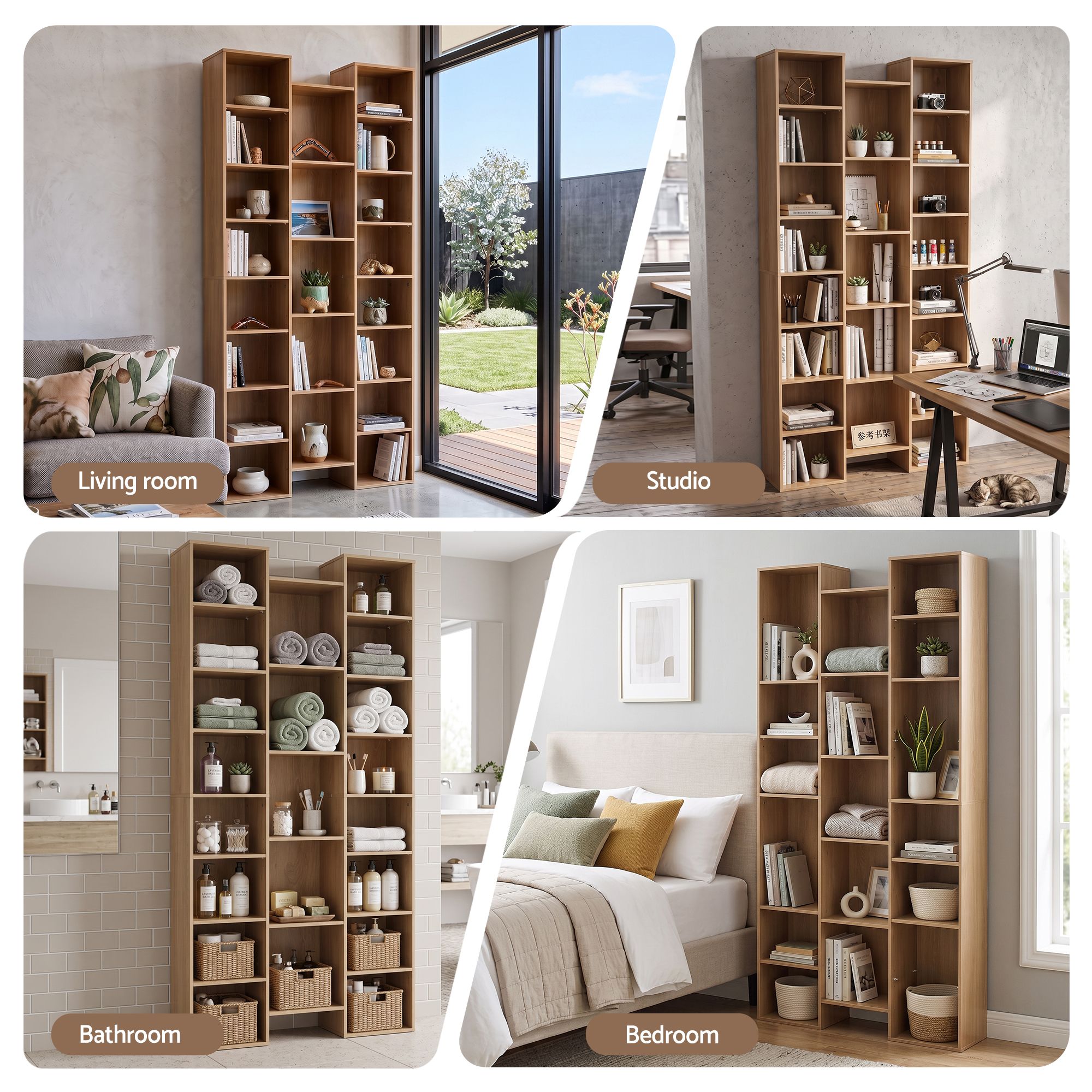 Artiss Bookshelf Display Shelves CD DVD Storage Rack Tall Bookcase Oak Bedworld