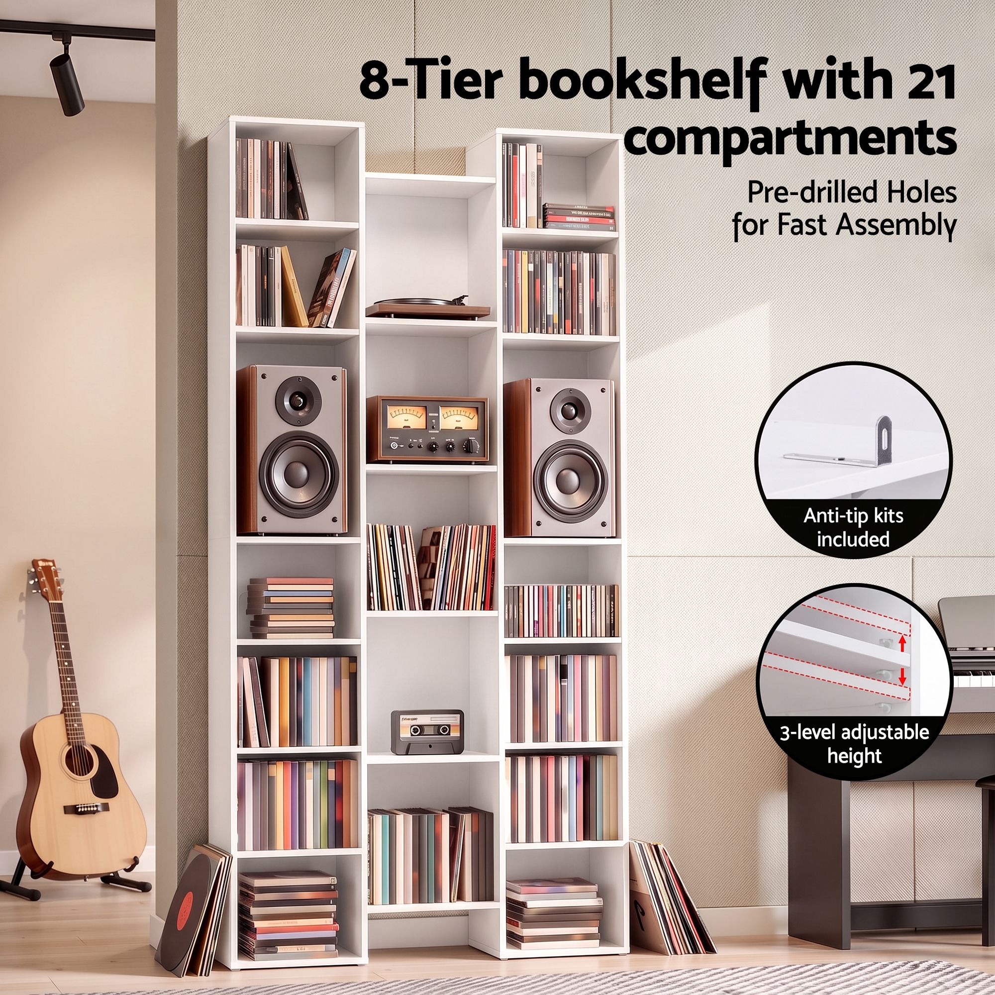 Artiss Bookshelf Display Shelves CD DVD Storage Rack Tall Bookcase White Bedworld