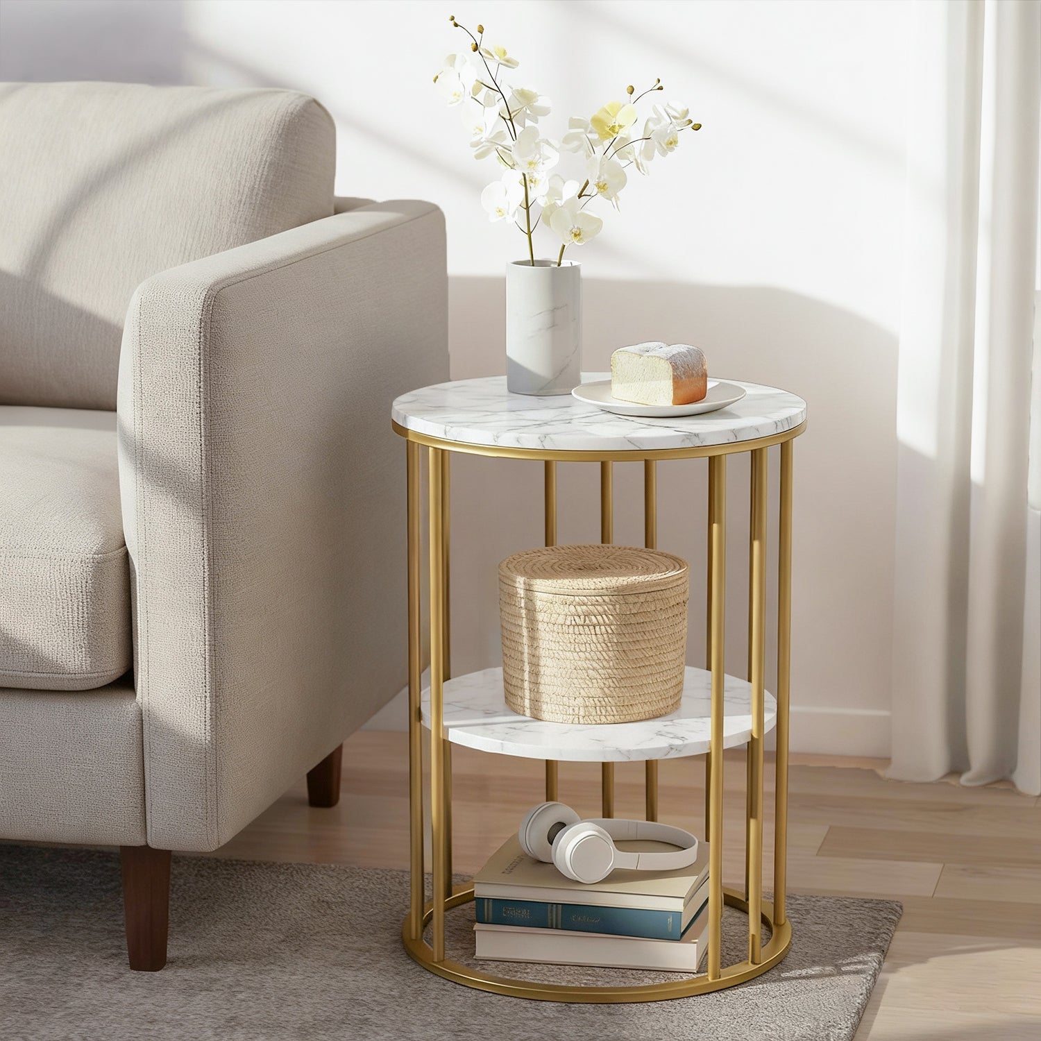 Round 2-tier coffee table with white marble-effect top and gold metal frame