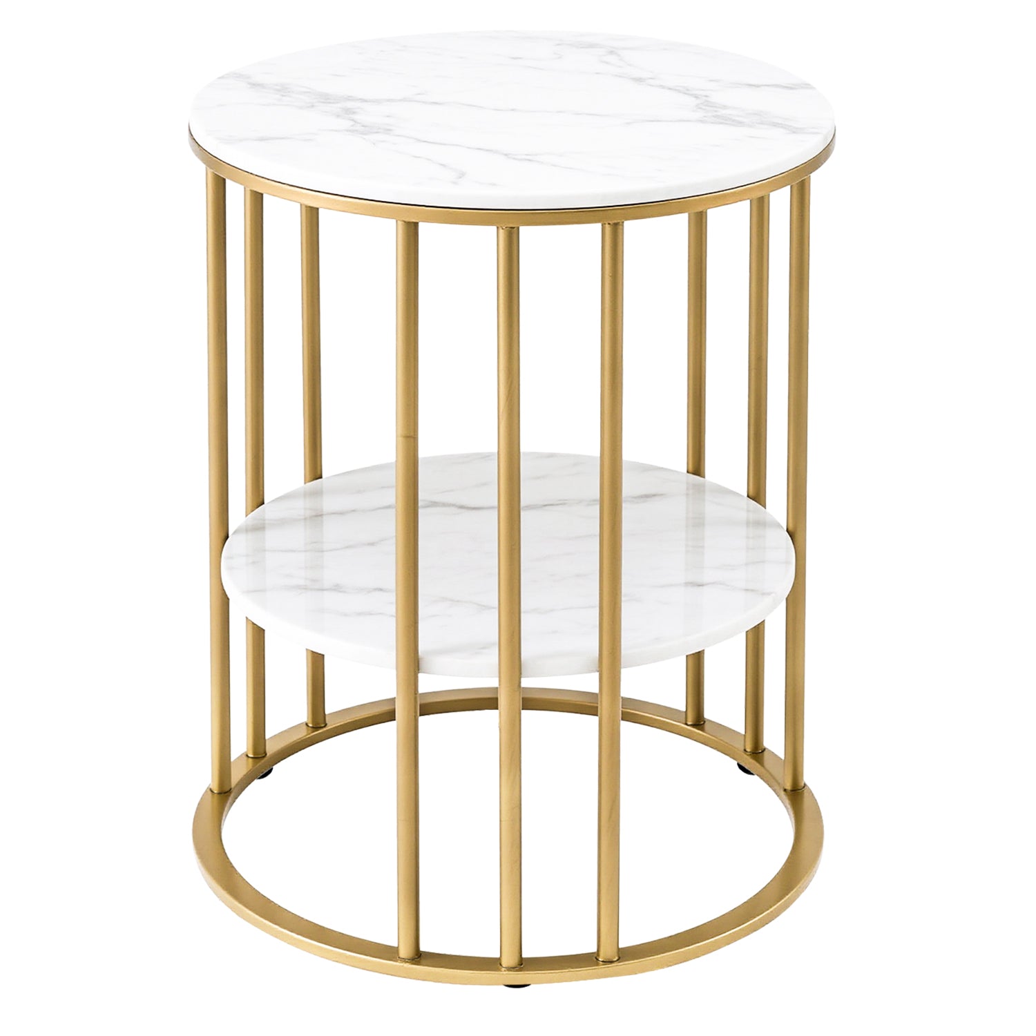 Round 2-tier coffee table, white marble-effect shelves with gold vertical frame