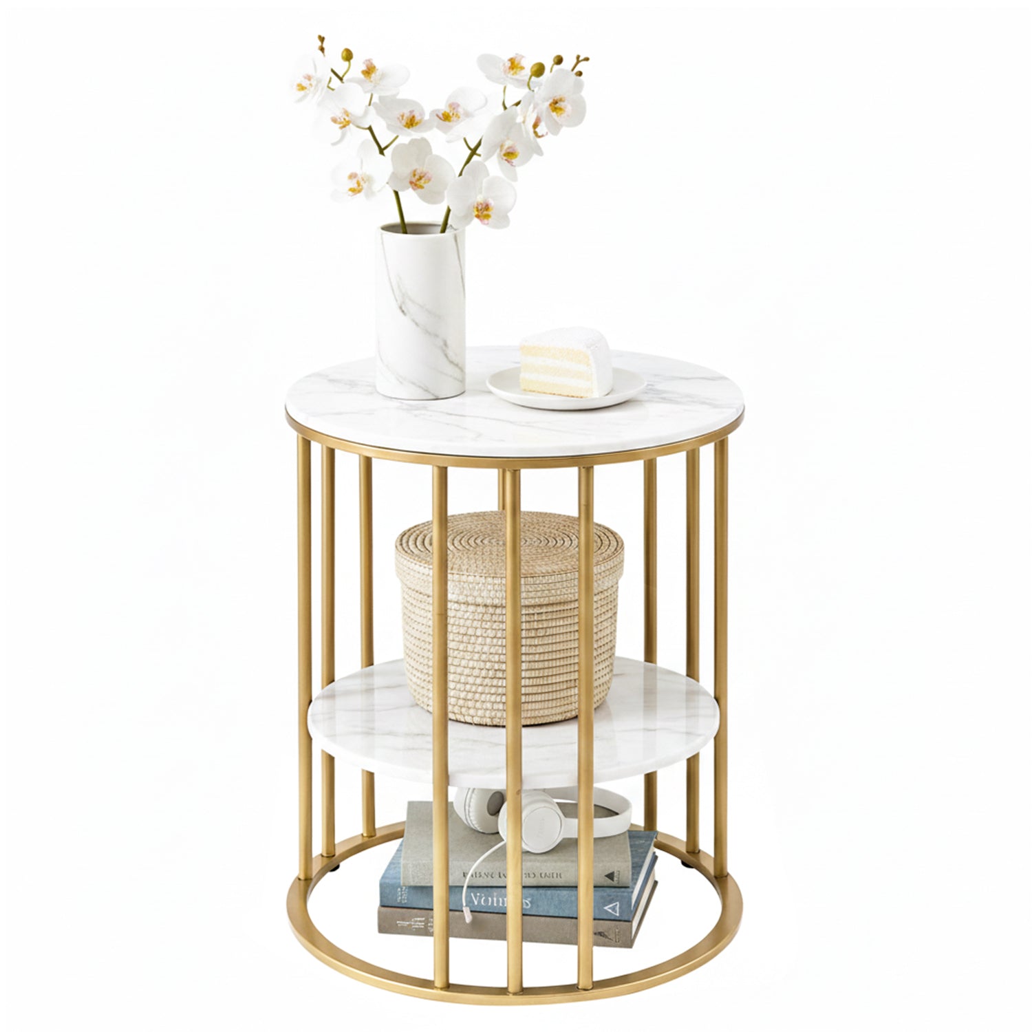 Round 2-tier coffee table with white marble-effect top, gold vertical bar frame