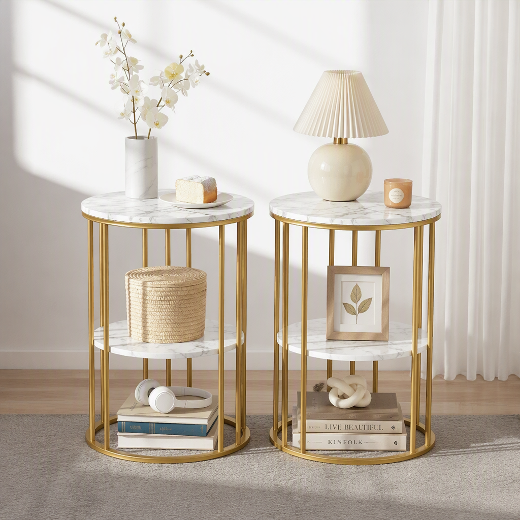 Artiss Side Table Set of 2 Marble Effect Round Coffee Table 2 Tier End Bedside Table Nightstand White&Gold Bedworld