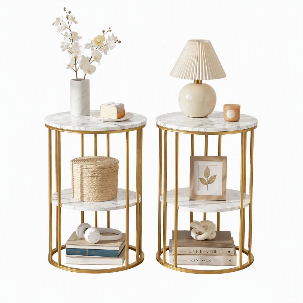 Artiss Side Table Set of 2 Marble Effect Round Coffee Table 2 Tier End Bedside Table Nightstand White&Gold Bedworld