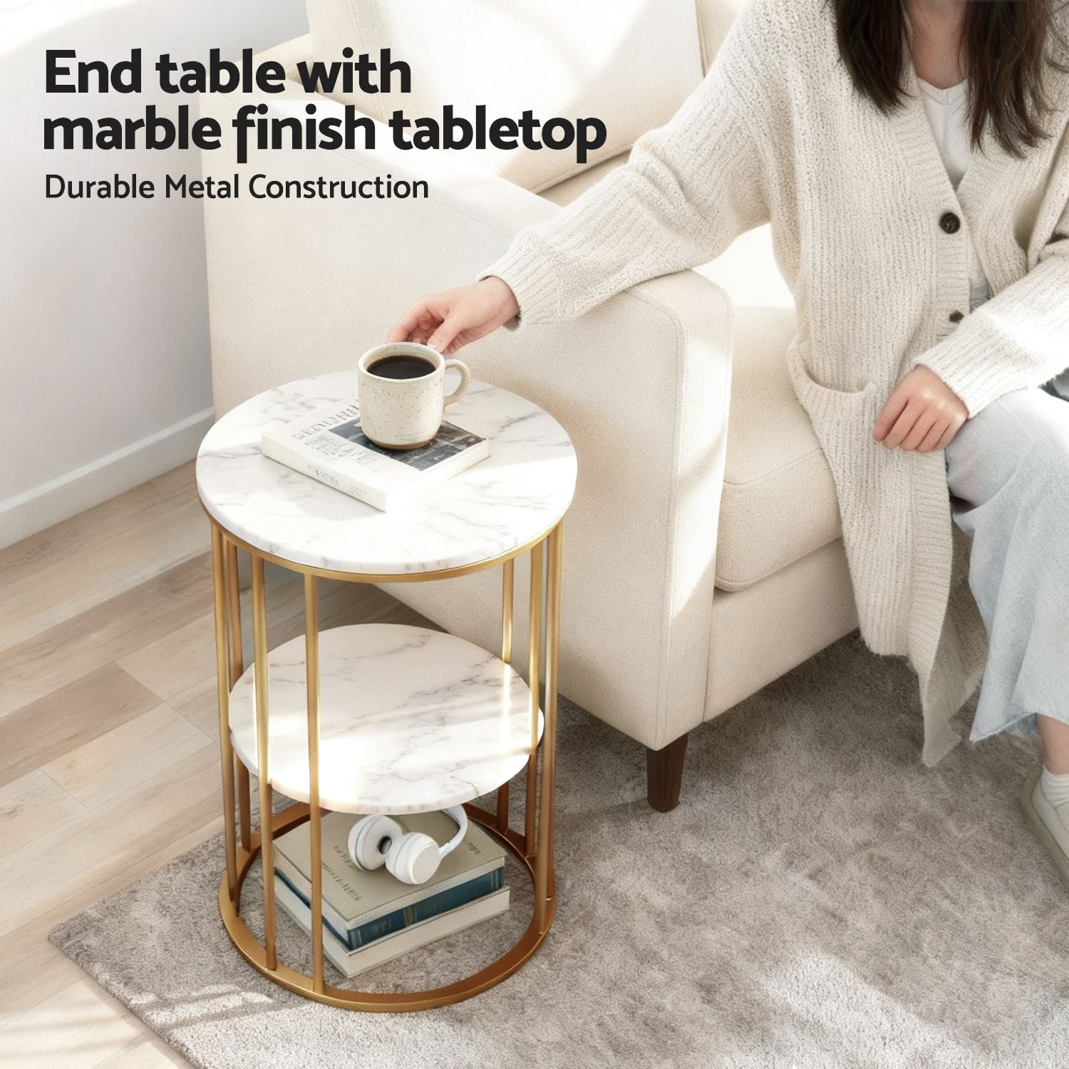 Artiss Side Table Set of 2 Marble Effect Round Coffee Table 2 Tier End Bedside Table Nightstand White&Gold Bedworld