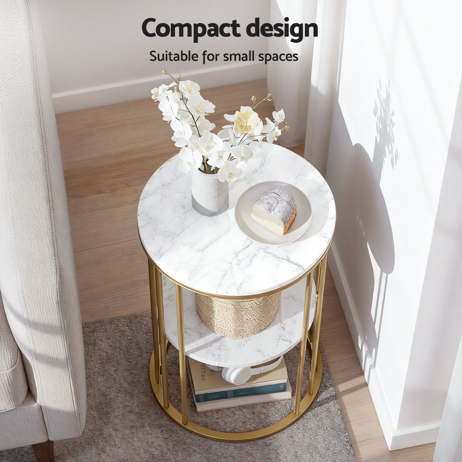 Artiss Side Table Set of 2 Marble Effect Round Coffee Table 2 Tier End Bedside Table Nightstand White&Gold Bedworld