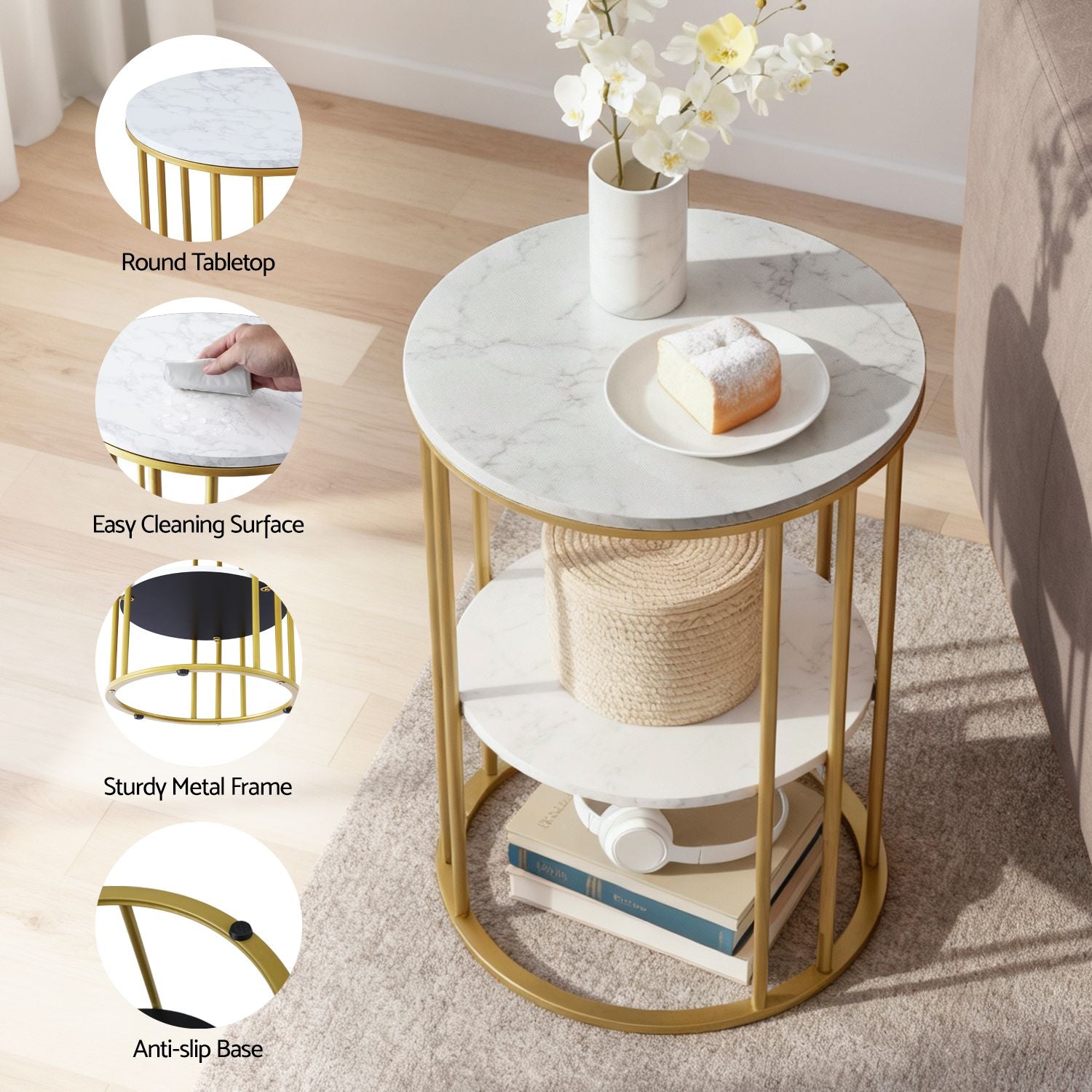 Artiss Side Table Set of 2 Marble Effect Round Coffee Table 2 Tier End Bedside Table Nightstand White&Gold Bedworld