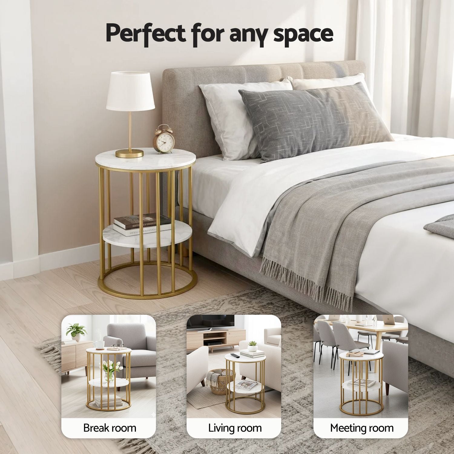Artiss Side Table Set of 2 Marble Effect Round Coffee Table 2 Tier End Bedside Table Nightstand White&Gold Bedworld