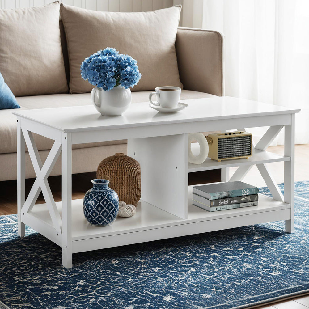 Artiss Coffee Table Storage Shelf White Bedworld