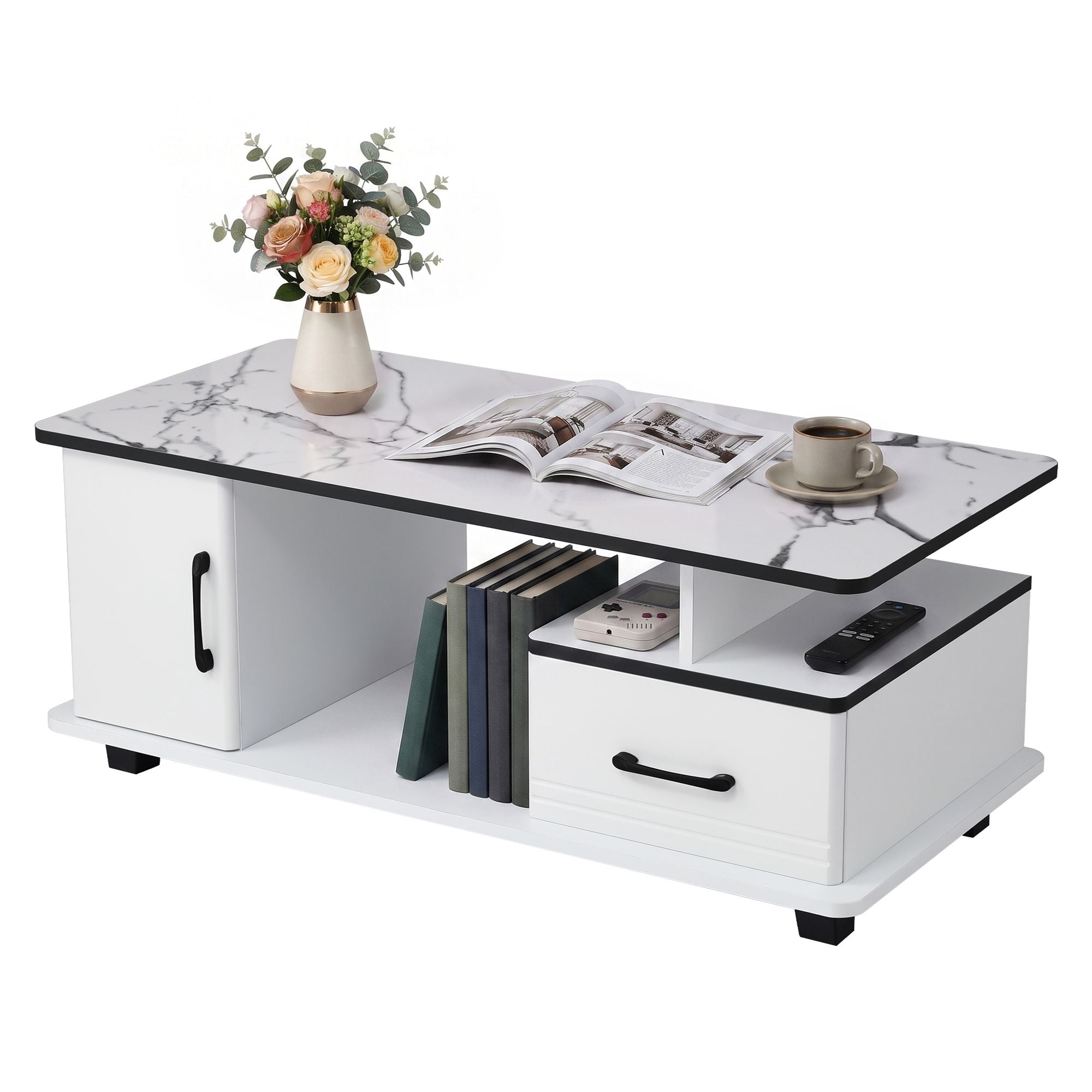 Artiss Coffee Table Marble Finish Center Table with Storage Drawer Cabinet Wood White Bedworld