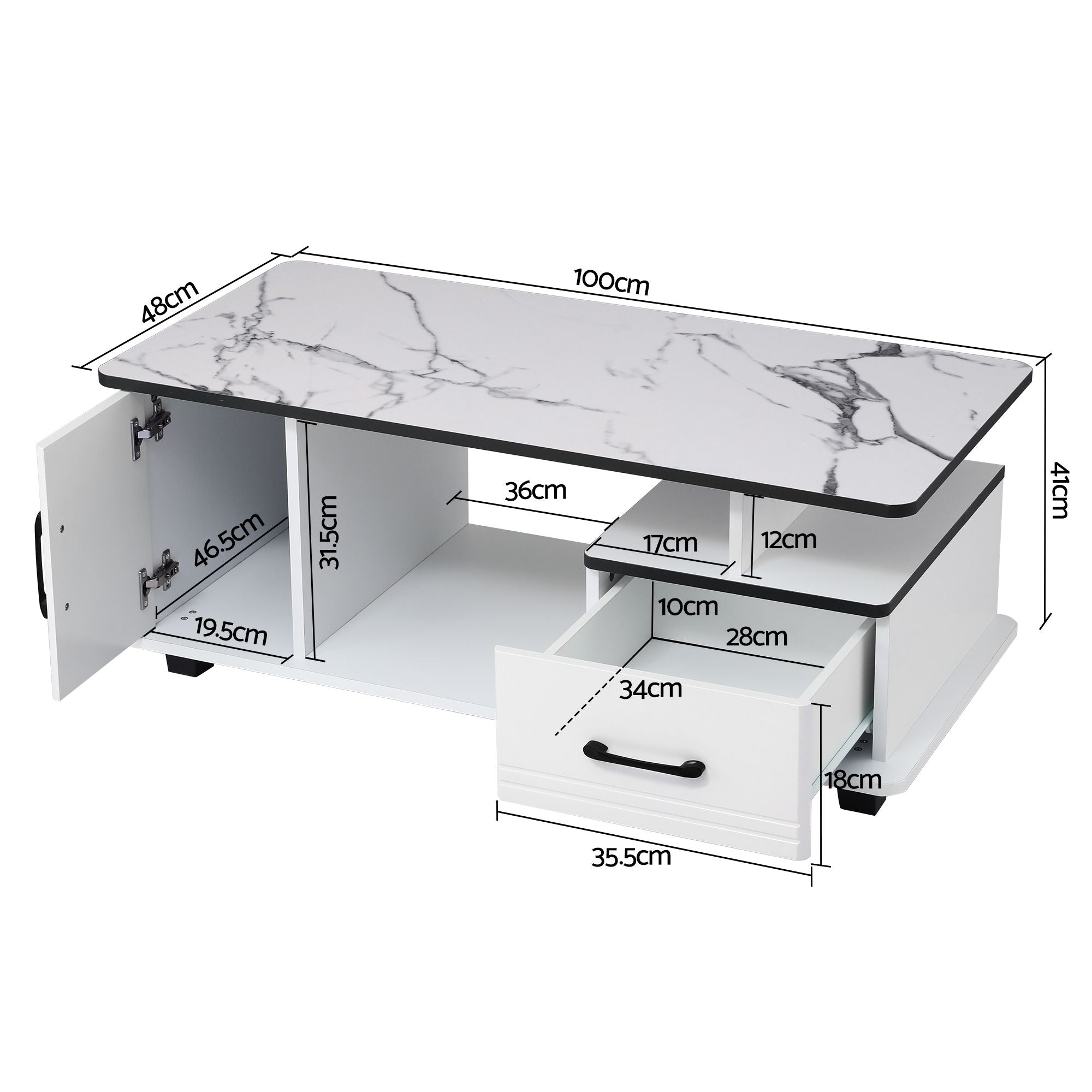Artiss Coffee Table Marble Finish Center Table with Storage Drawer Cabinet Wood White Bedworld