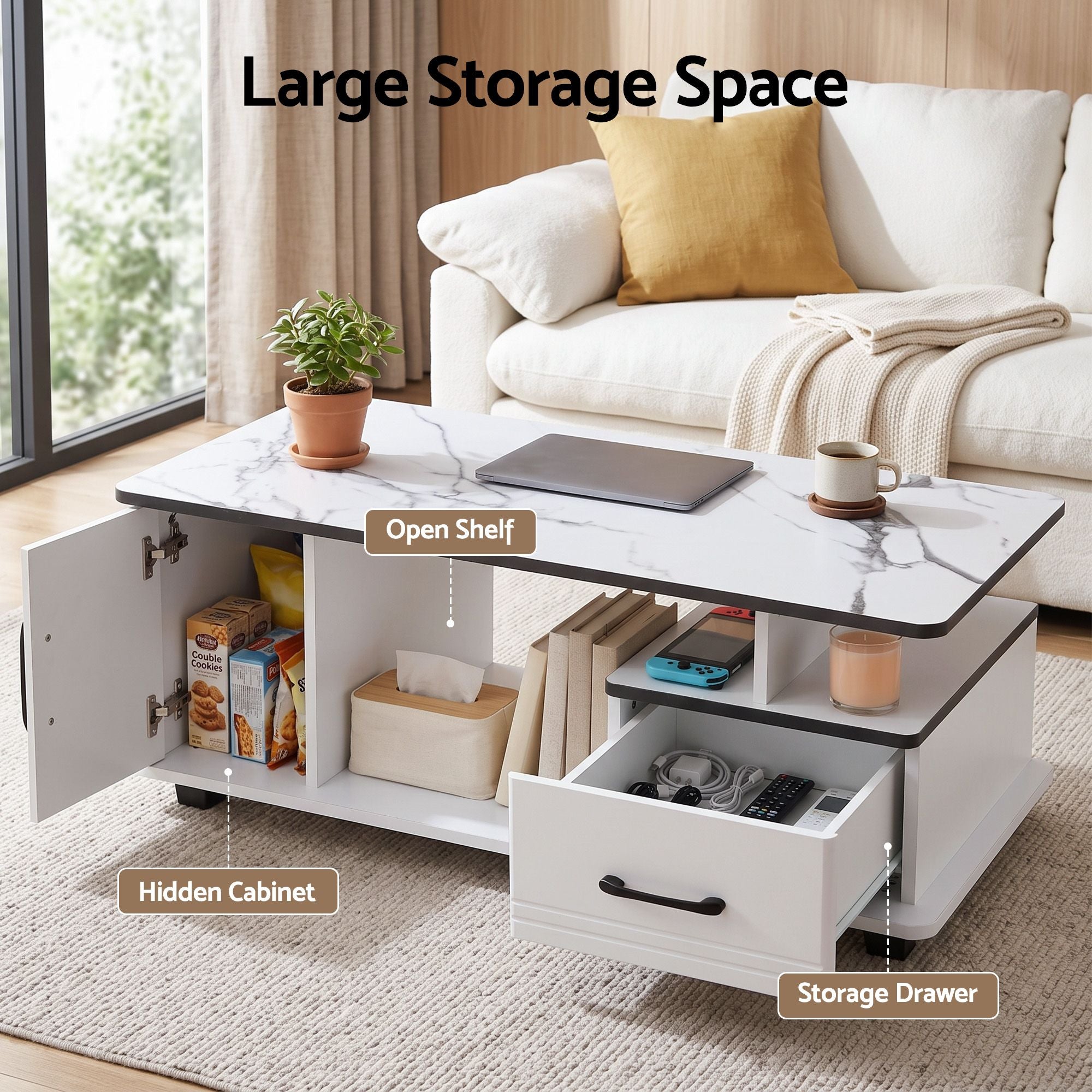 Artiss Coffee Table Marble Finish Center Table with Storage Drawer Cabinet Wood White Bedworld