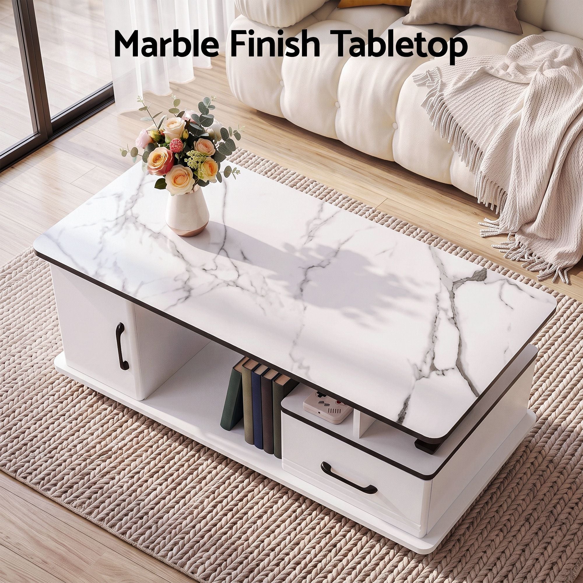 Artiss Coffee Table Marble Finish Center Table with Storage Drawer Cabinet Wood White Bedworld