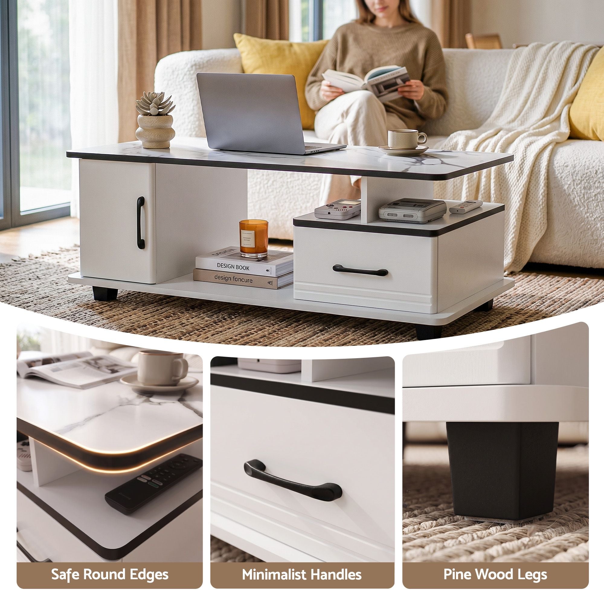 Artiss Coffee Table Marble Finish Center Table with Storage Drawer Cabinet Wood White Bedworld