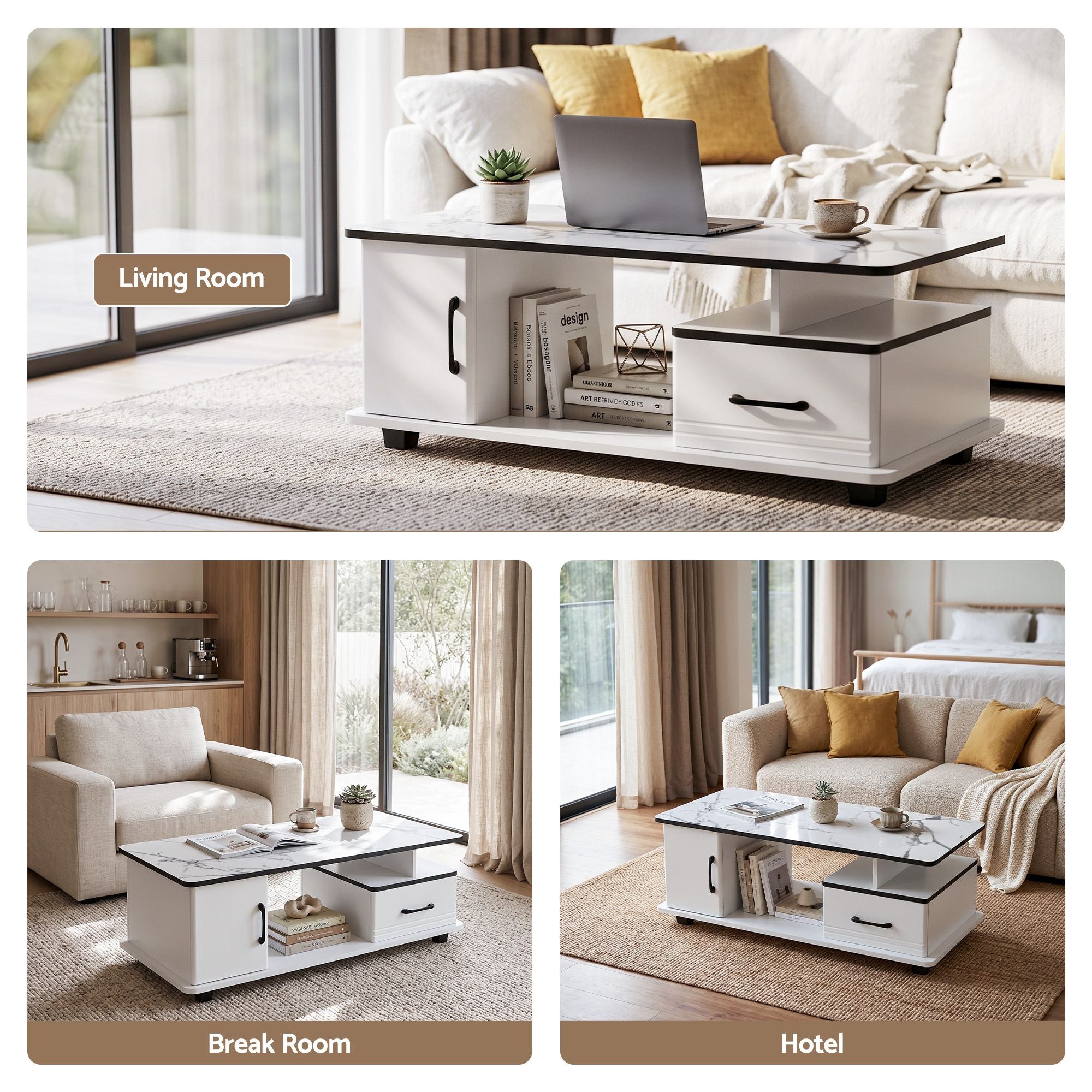 Artiss Coffee Table Marble Finish Center Table with Storage Drawer Cabinet Wood White Bedworld