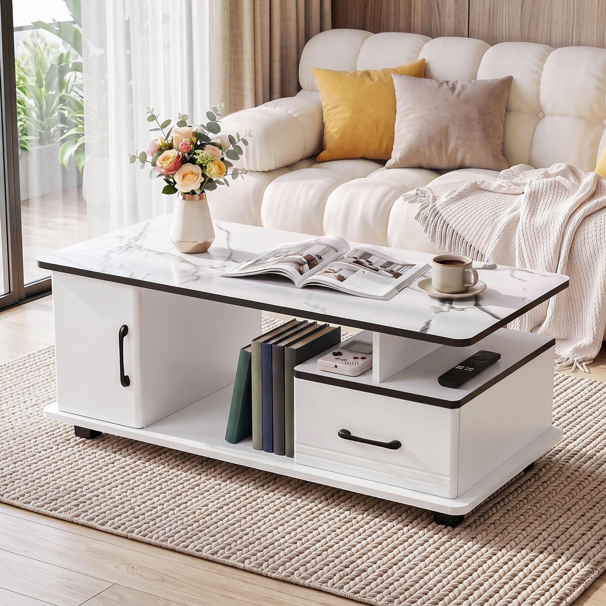 Artiss Coffee Table Marble Finish Center Table with Storage Drawer Cabinet Wood White Bedworld