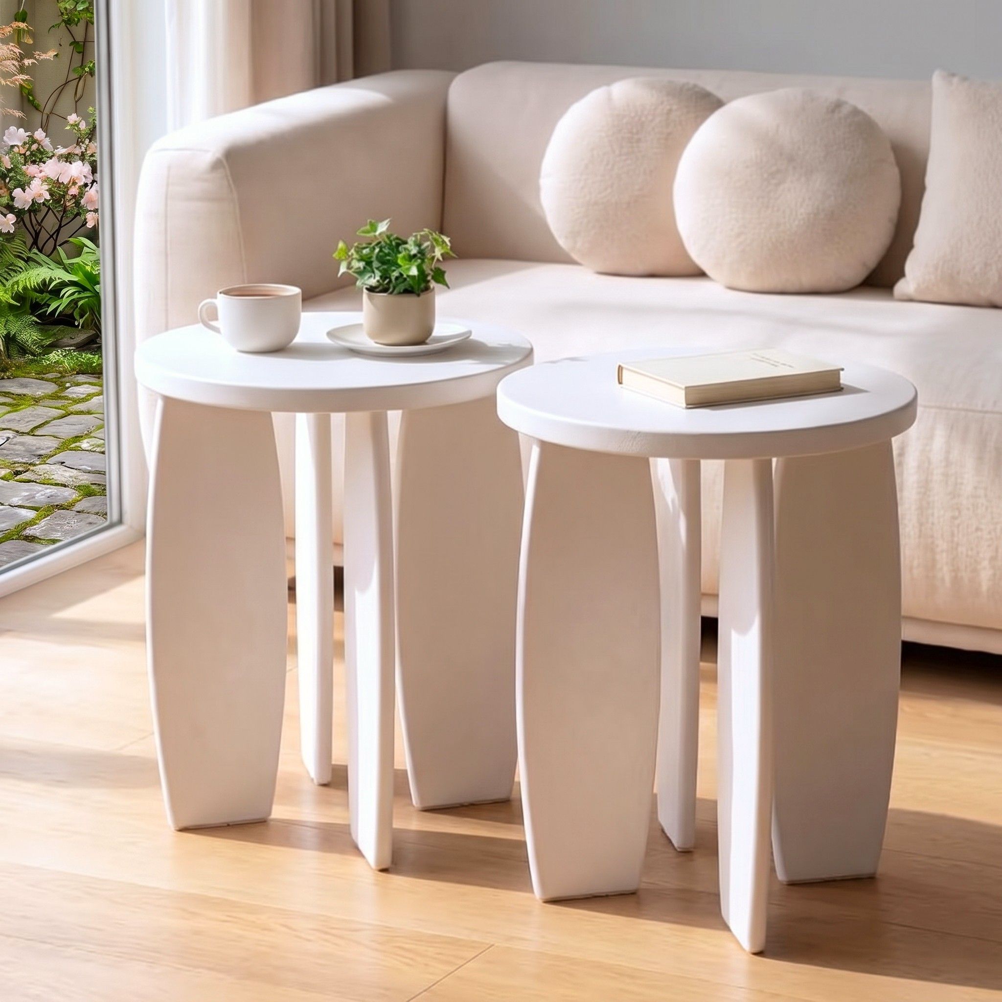 Artiss Round End Table Set Of 2 High-Gloss Coffee Table Bedside Nightstand 40x45cm Cream white Bedworld