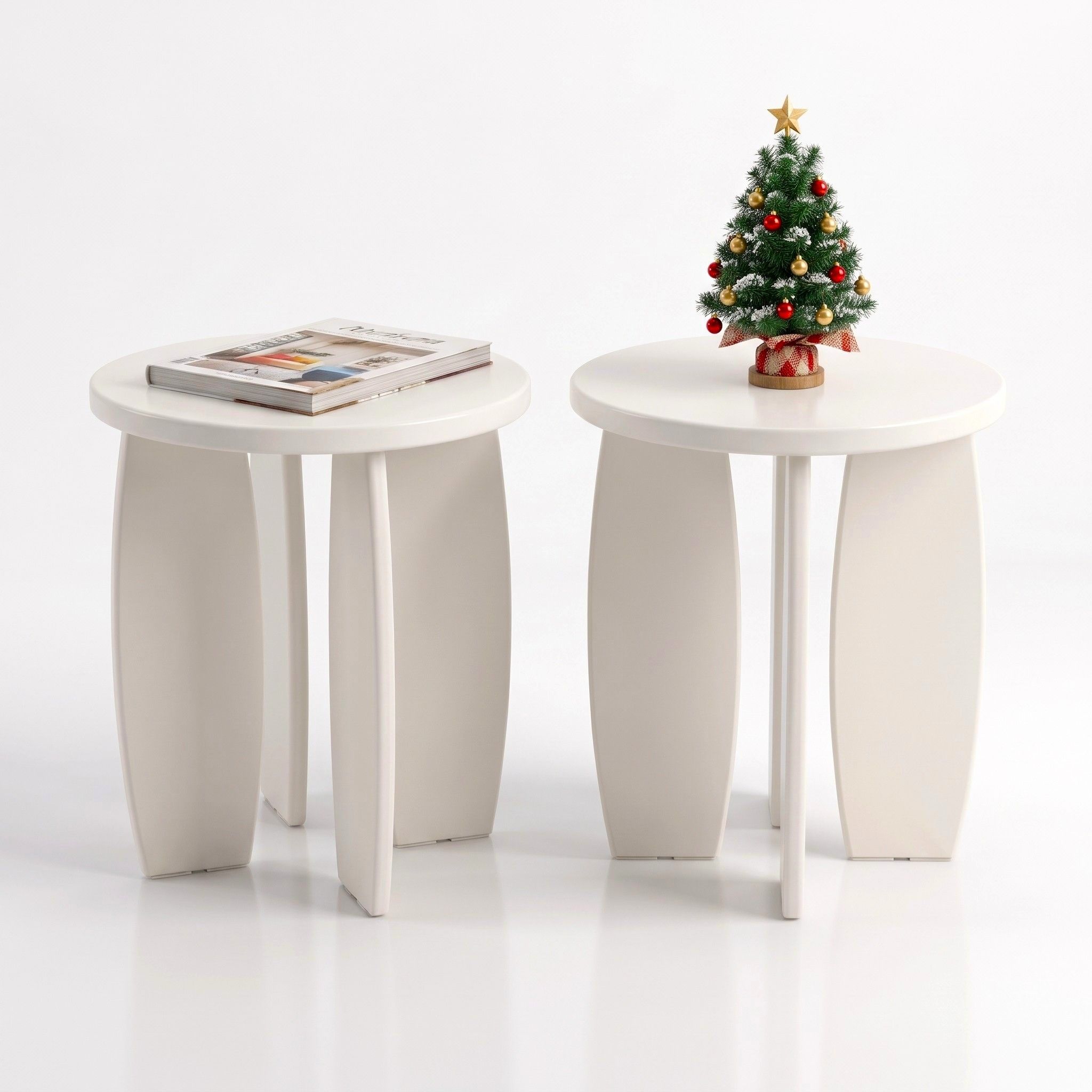 Artiss Round End Table Set Of 2 High-Gloss Coffee Table Bedside Nightstand 40x45cm Cream white Bedworld