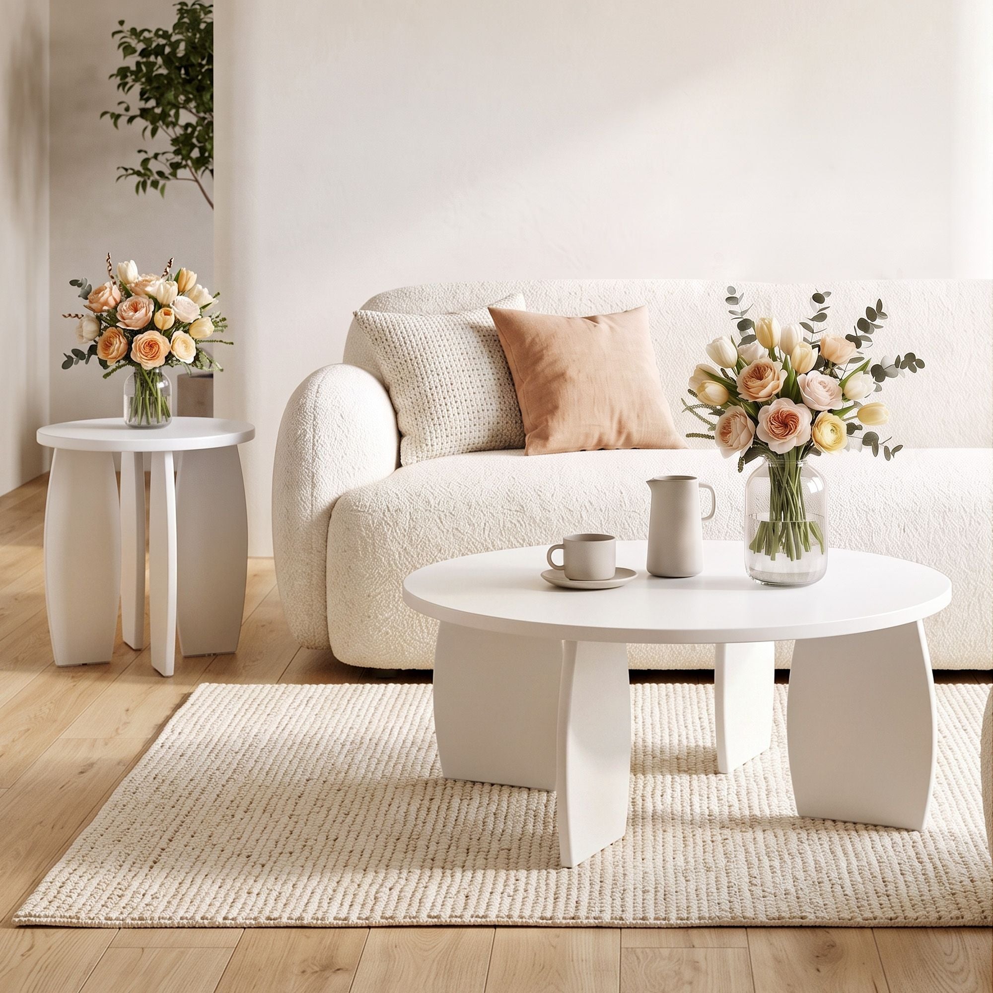 Artiss Round End Table Set Of 2 High-Gloss Coffee Table Bedside Nightstand 40x45cm Cream white Bedworld