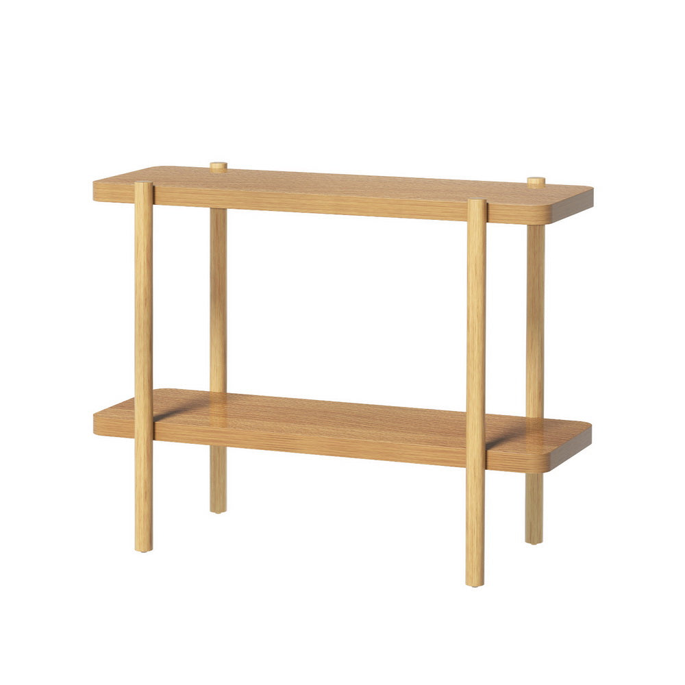 2-tier pine console table with open shelves and square posts