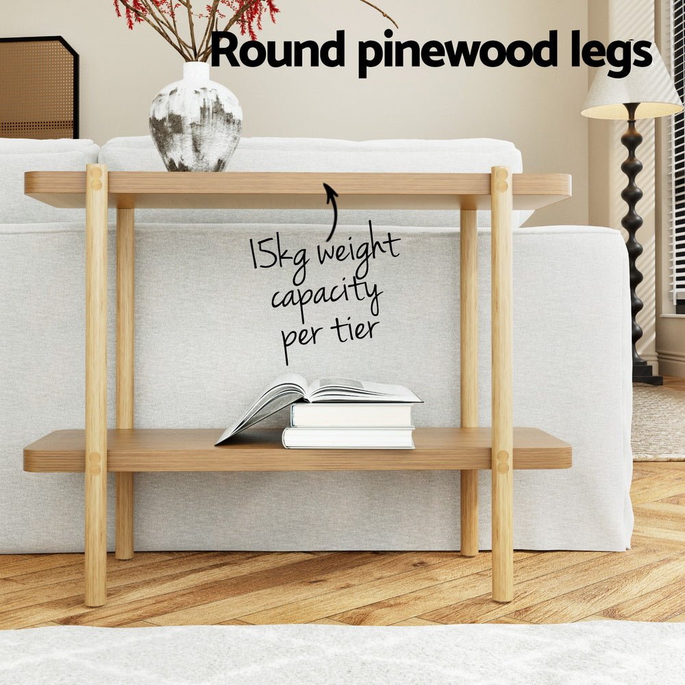 Pine console table with round legs and two open shelves