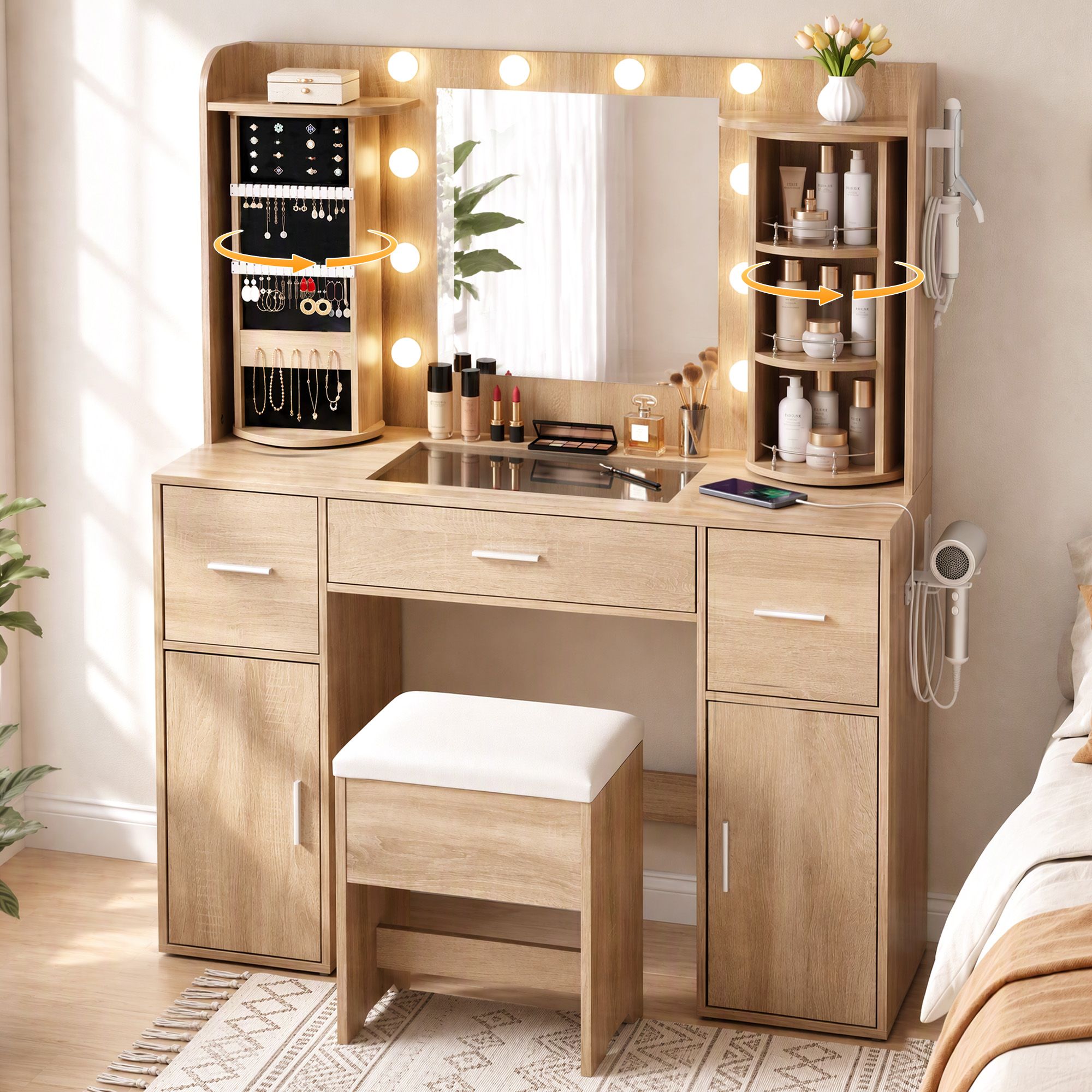 Artiss Dressing Table Vanity Desk LED Mirror Stool Set Charging Station Glass Top Rotating Shelf Wood Bedworld