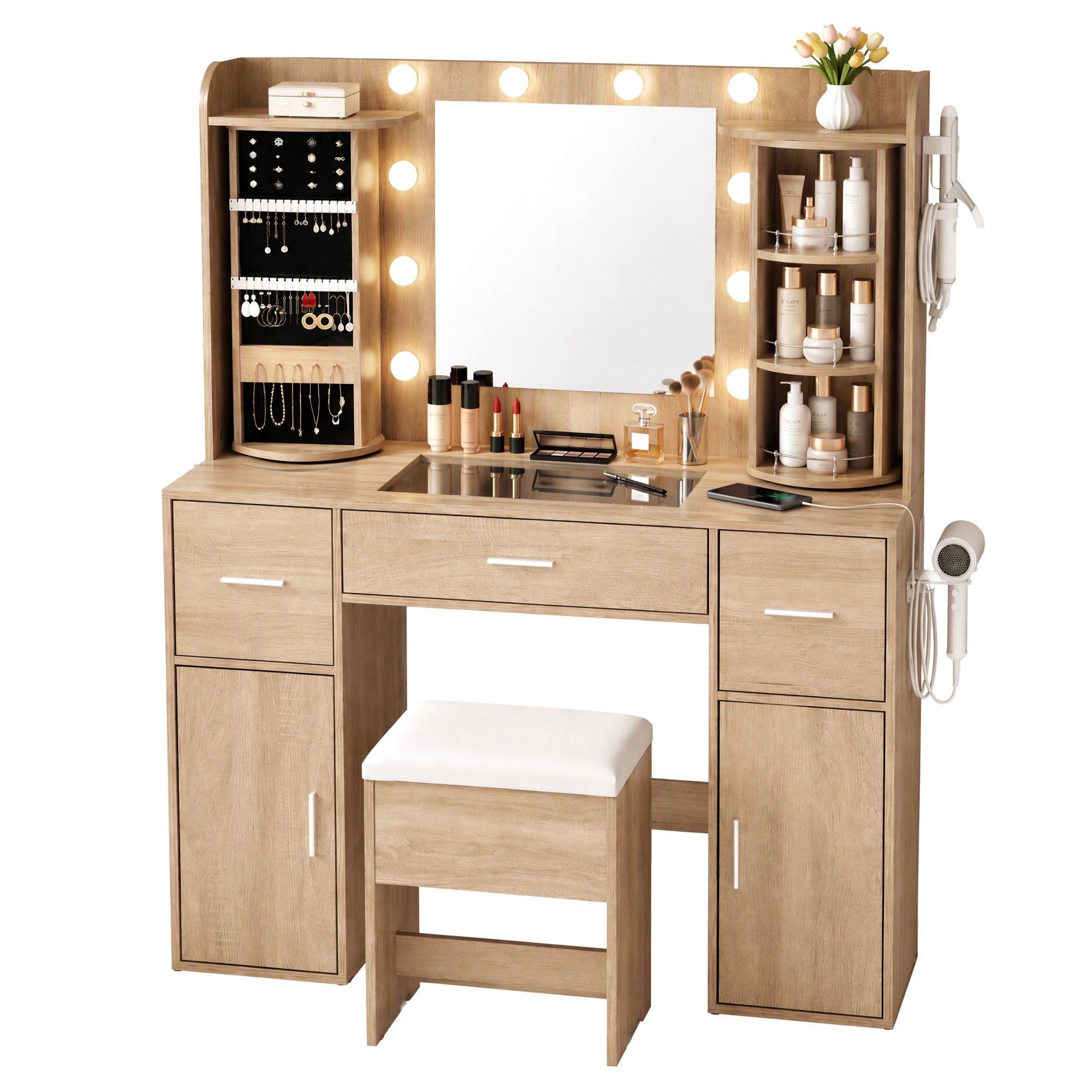 Artiss Dressing Table Vanity Desk LED Mirror Stool Set Charging Station Glass Top Rotating Shelf Wood Bedworld