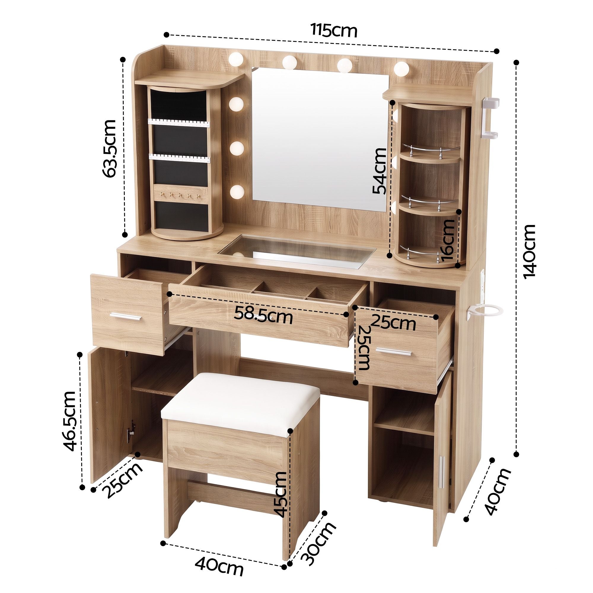 Artiss Dressing Table Vanity Desk LED Mirror Stool Set Charging Station Glass Top Rotating Shelf Wood Bedworld