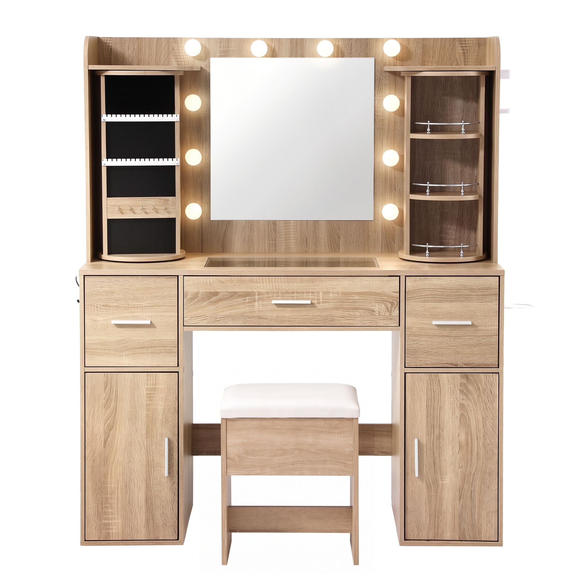 Artiss Dressing Table Vanity Desk LED Mirror Stool Set Charging Station Glass Top Rotating Shelf Wood Bedworld