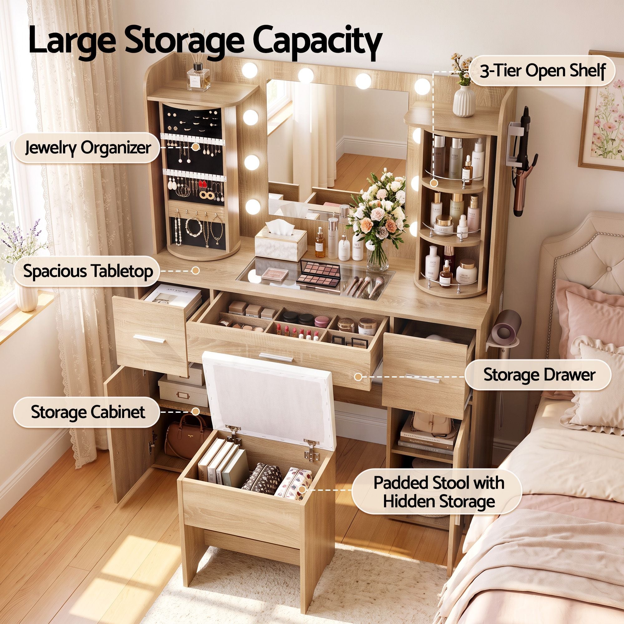 Artiss Dressing Table Vanity Desk LED Mirror Stool Set Charging Station Glass Top Rotating Shelf Wood Bedworld