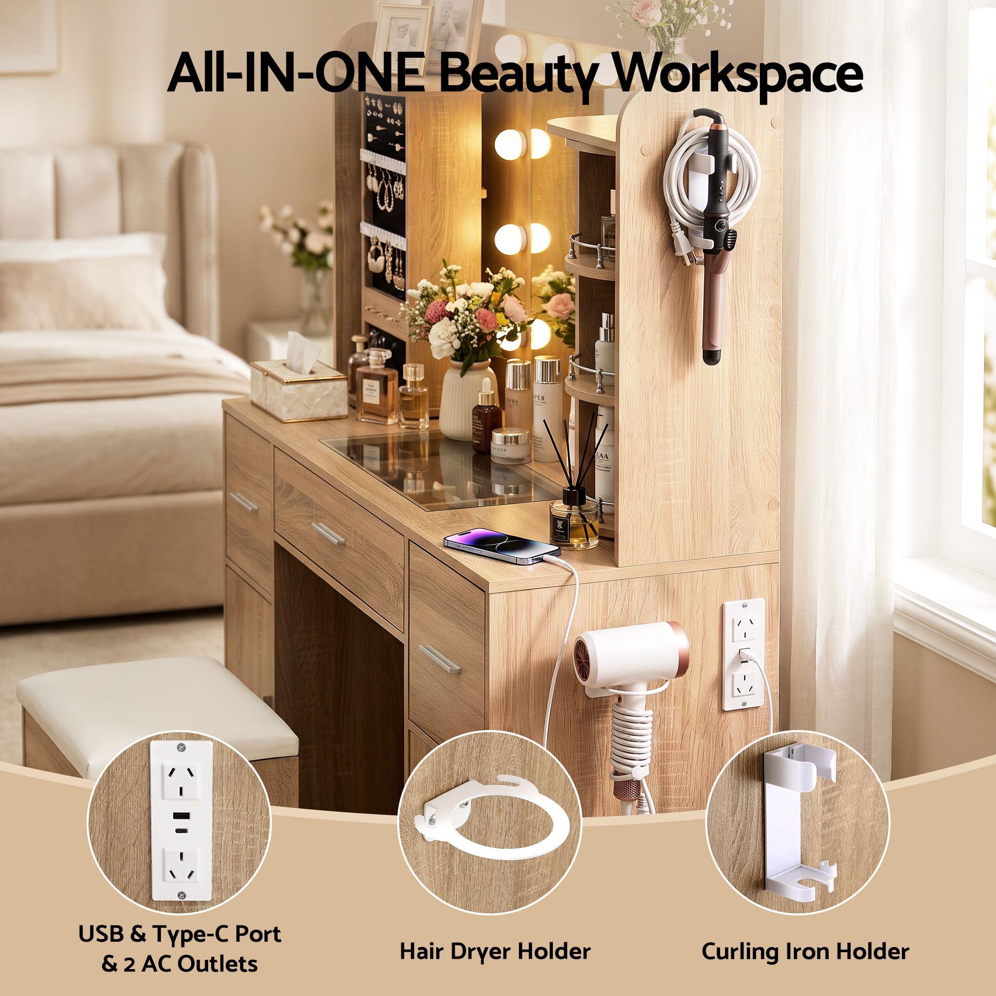 Artiss Dressing Table Vanity Desk LED Mirror Stool Set Charging Station Glass Top Rotating Shelf Wood Bedworld