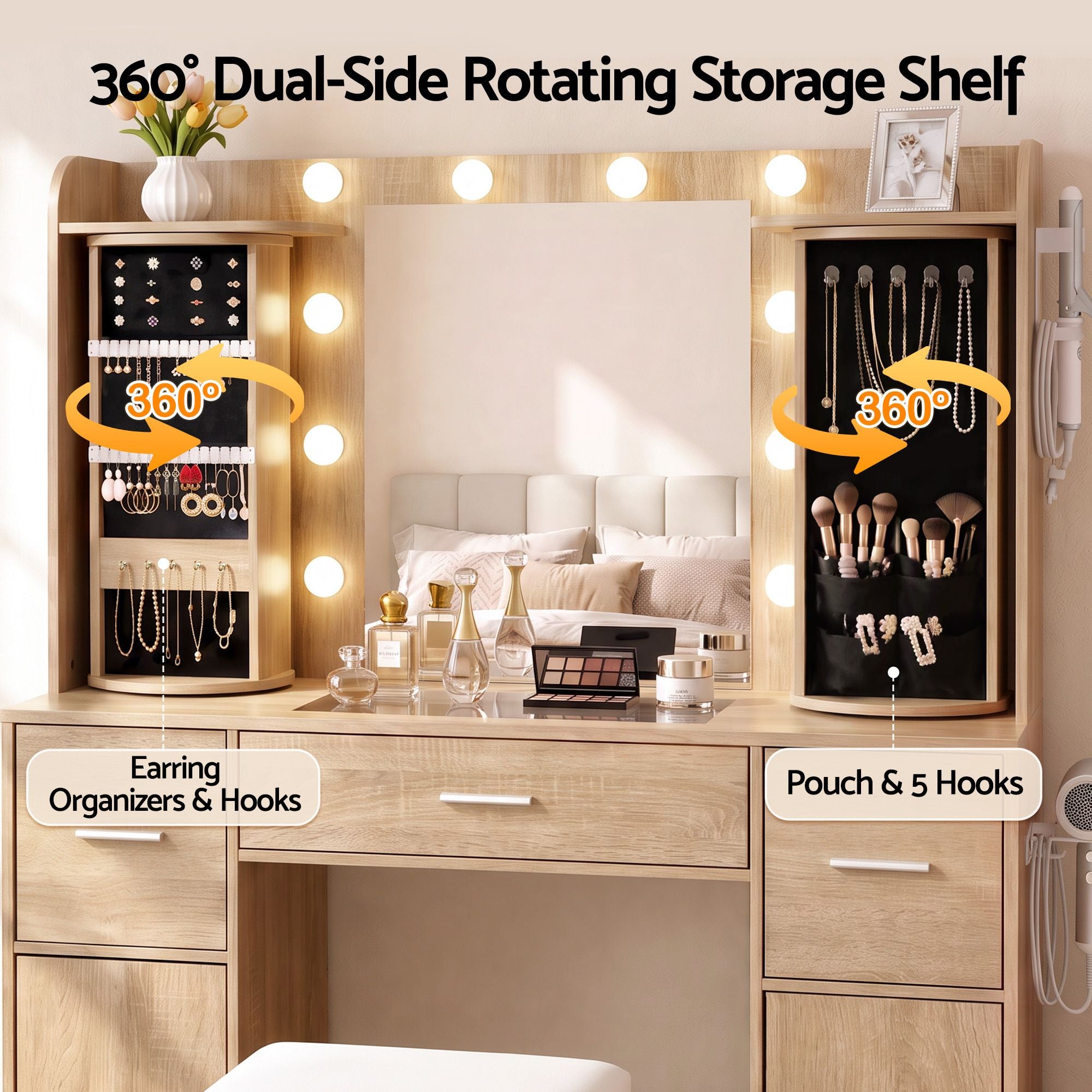 Artiss Dressing Table Vanity Desk LED Mirror Stool Set Charging Station Glass Top Rotating Shelf Wood Bedworld