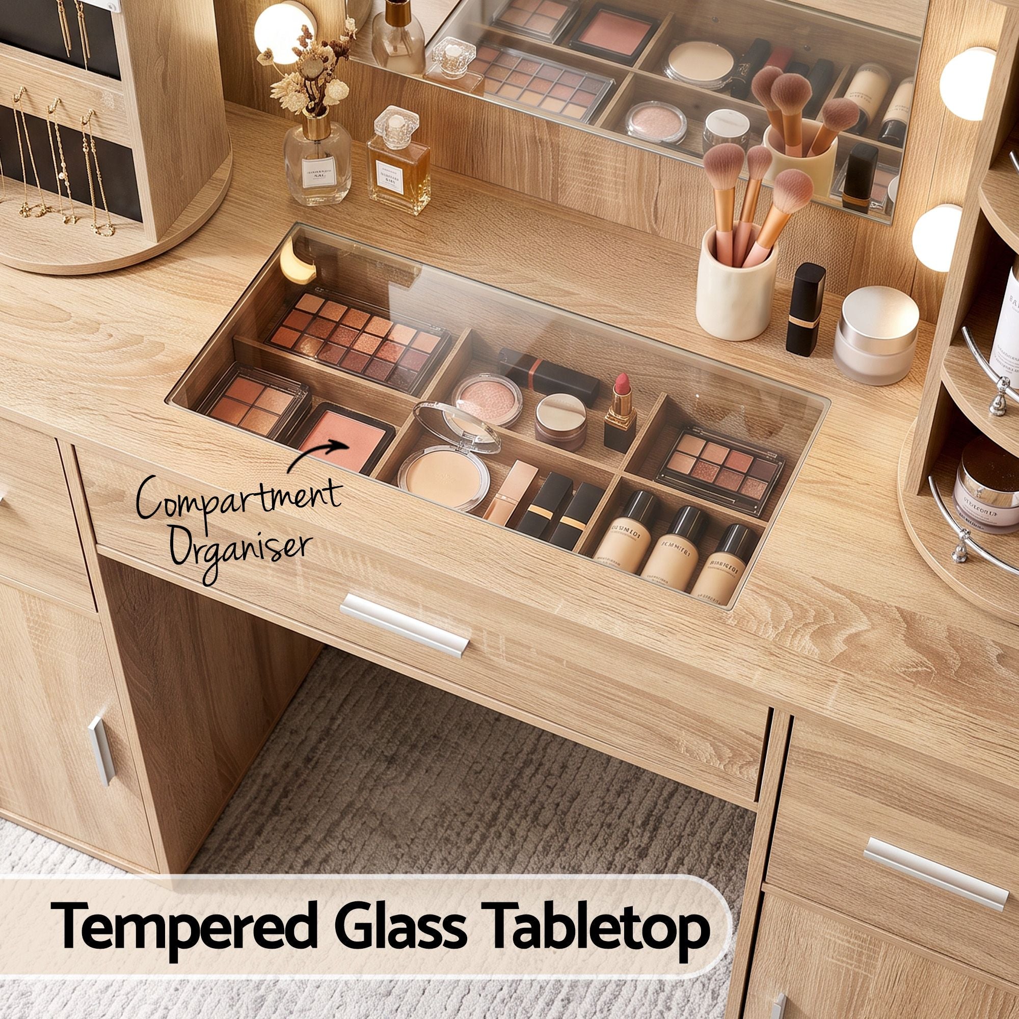 Artiss Dressing Table Vanity Desk LED Mirror Stool Set Charging Station Glass Top Rotating Shelf Wood Bedworld
