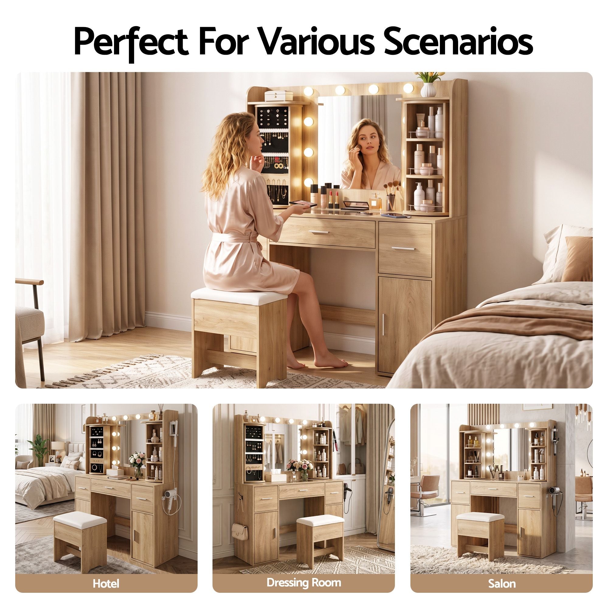 Artiss Dressing Table Vanity Desk LED Mirror Stool Set Charging Station Glass Top Rotating Shelf Wood Bedworld
