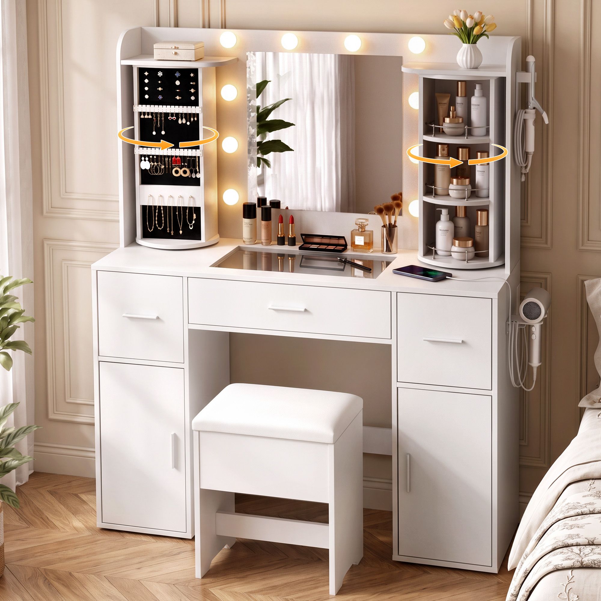 Artiss Dressing Table Vanity Desk LED Mirror Stool Set Charging Station Glass Top Rotating Shelf White Bedworld