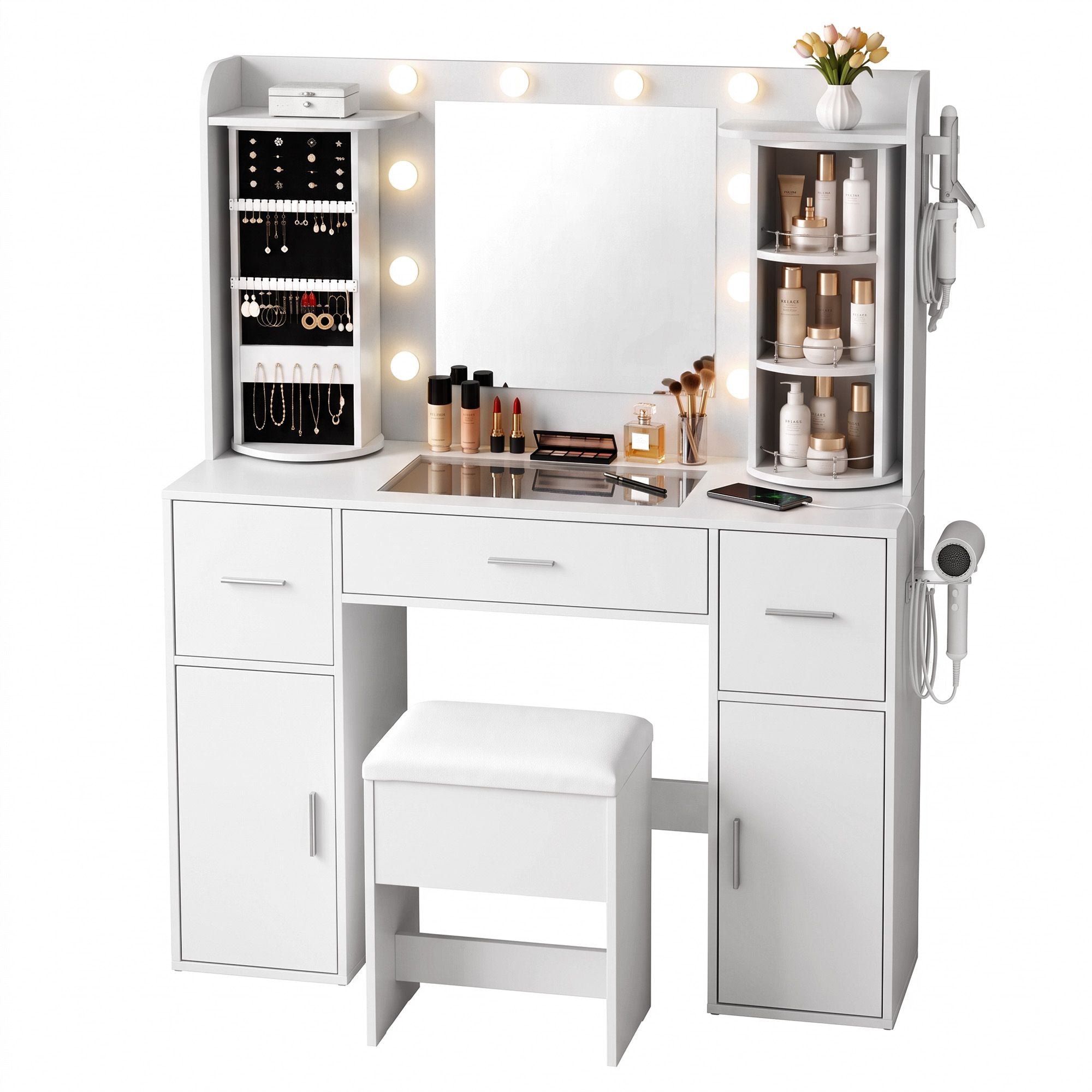 Artiss Dressing Table Vanity Desk LED Mirror Stool Set Charging Station Glass Top Rotating Shelf White Bedworld