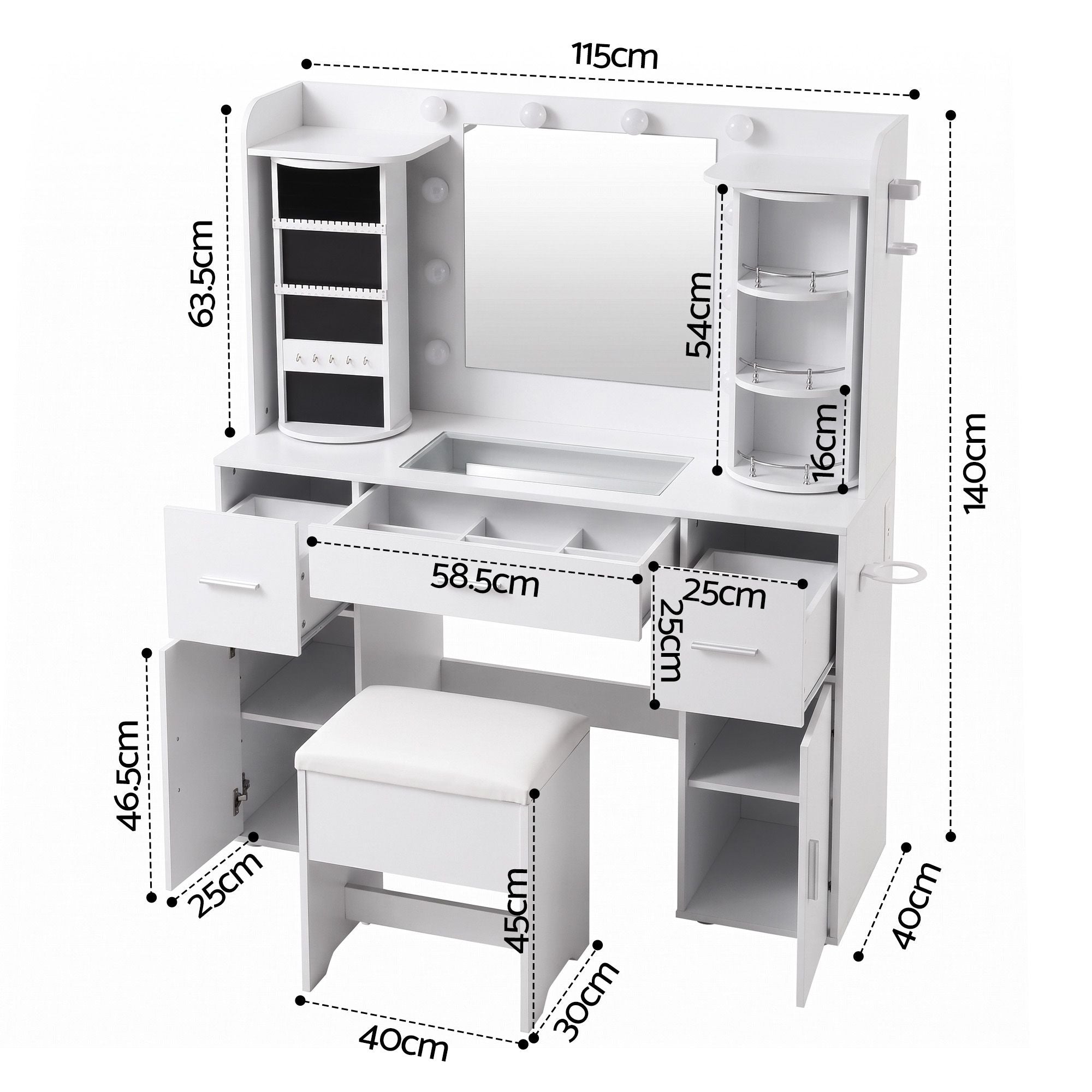 Artiss Dressing Table Vanity Desk LED Mirror Stool Set Charging Station Glass Top Rotating Shelf White Bedworld