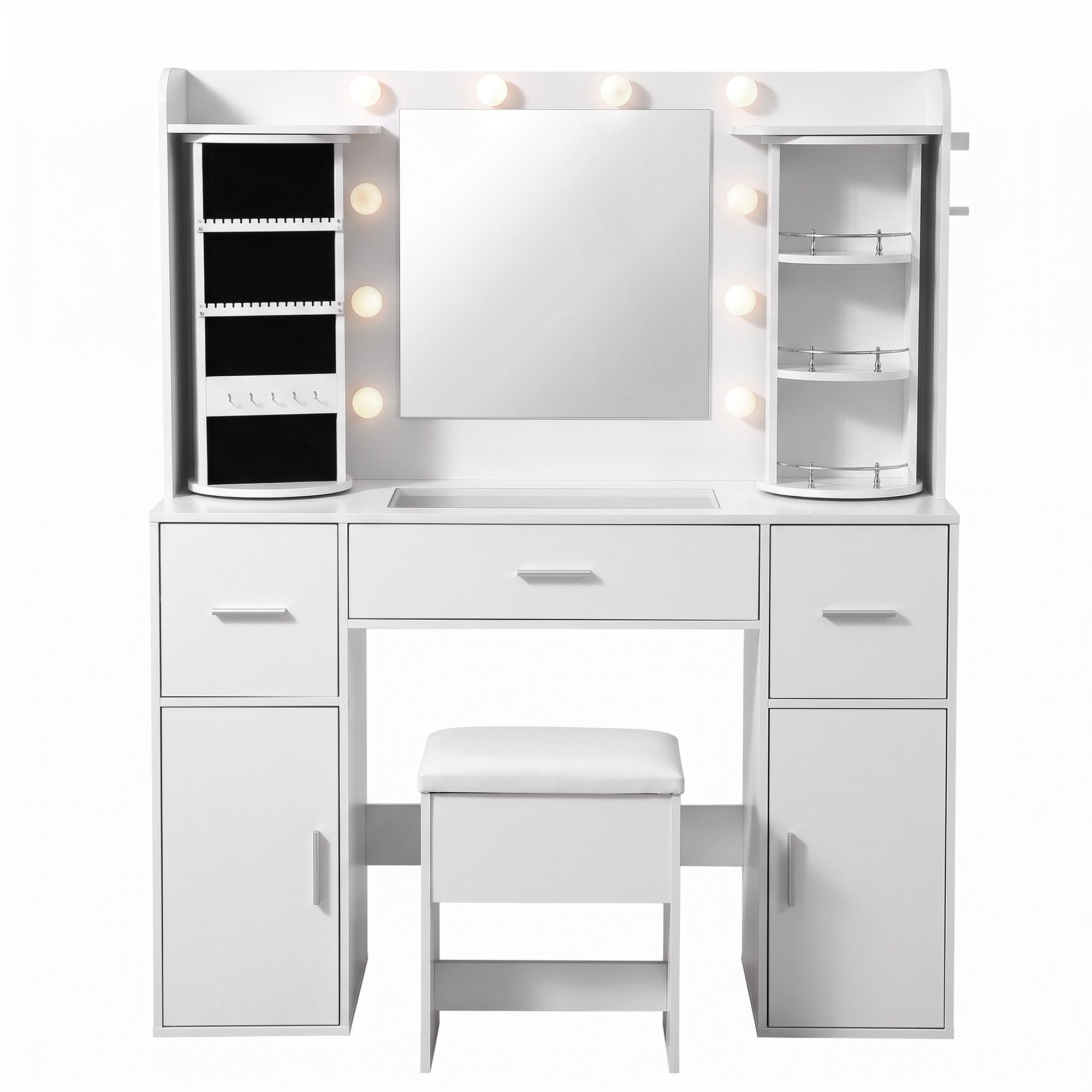 Artiss Dressing Table Vanity Desk LED Mirror Stool Set Charging Station Glass Top Rotating Shelf White Bedworld