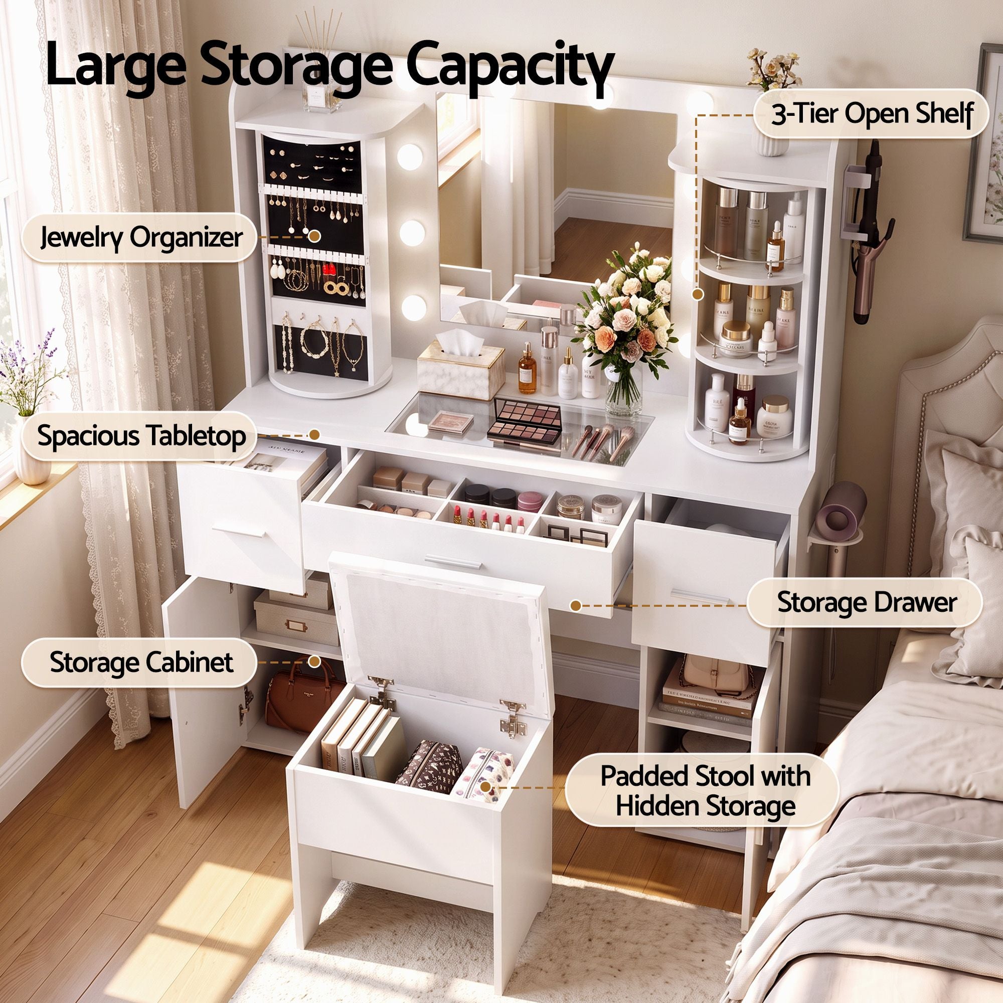 Artiss Dressing Table Vanity Desk LED Mirror Stool Set Charging Station Glass Top Rotating Shelf White Bedworld