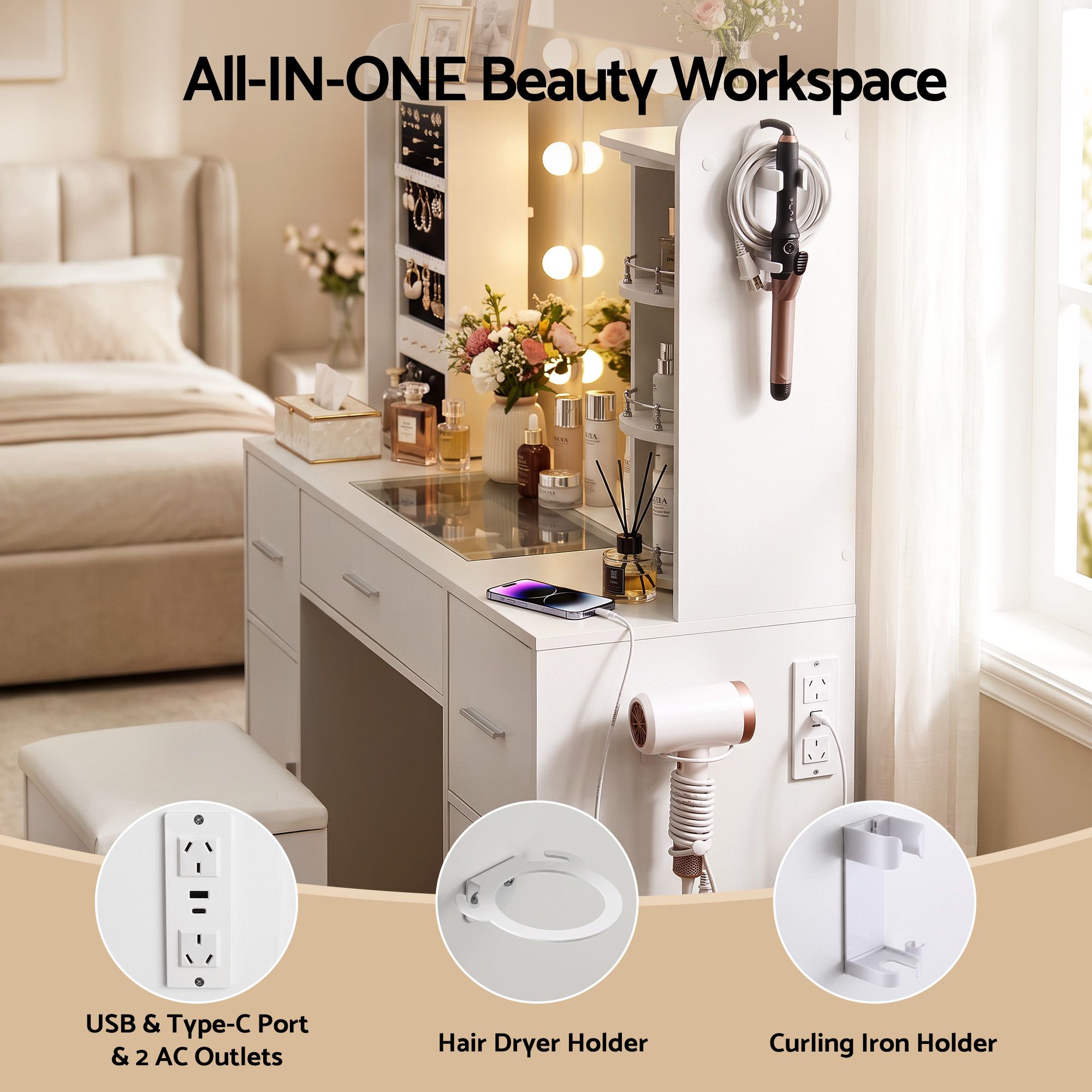 Artiss Dressing Table Vanity Desk LED Mirror Stool Set Charging Station Glass Top Rotating Shelf White Bedworld