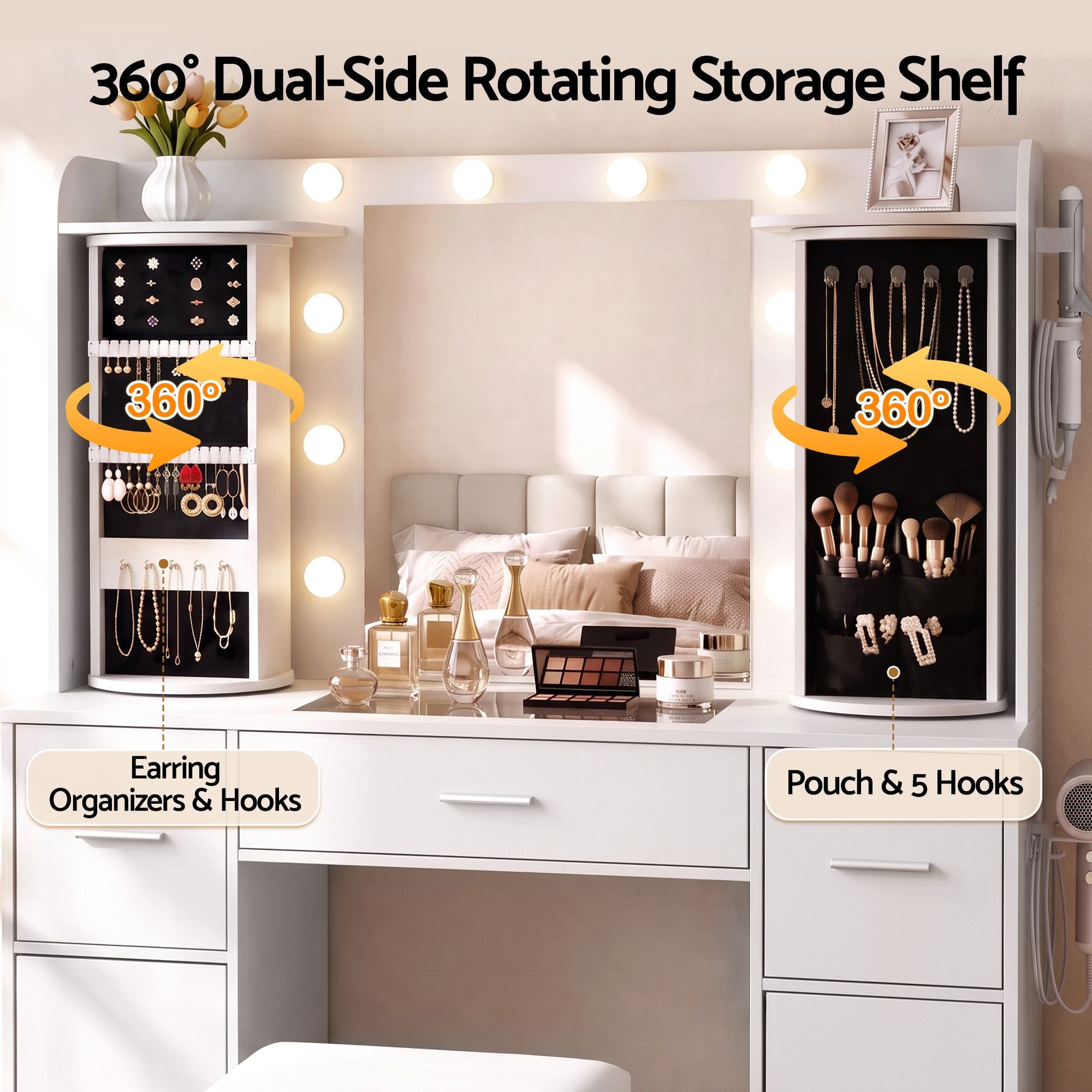 Artiss Dressing Table Vanity Desk LED Mirror Stool Set Charging Station Glass Top Rotating Shelf White Bedworld