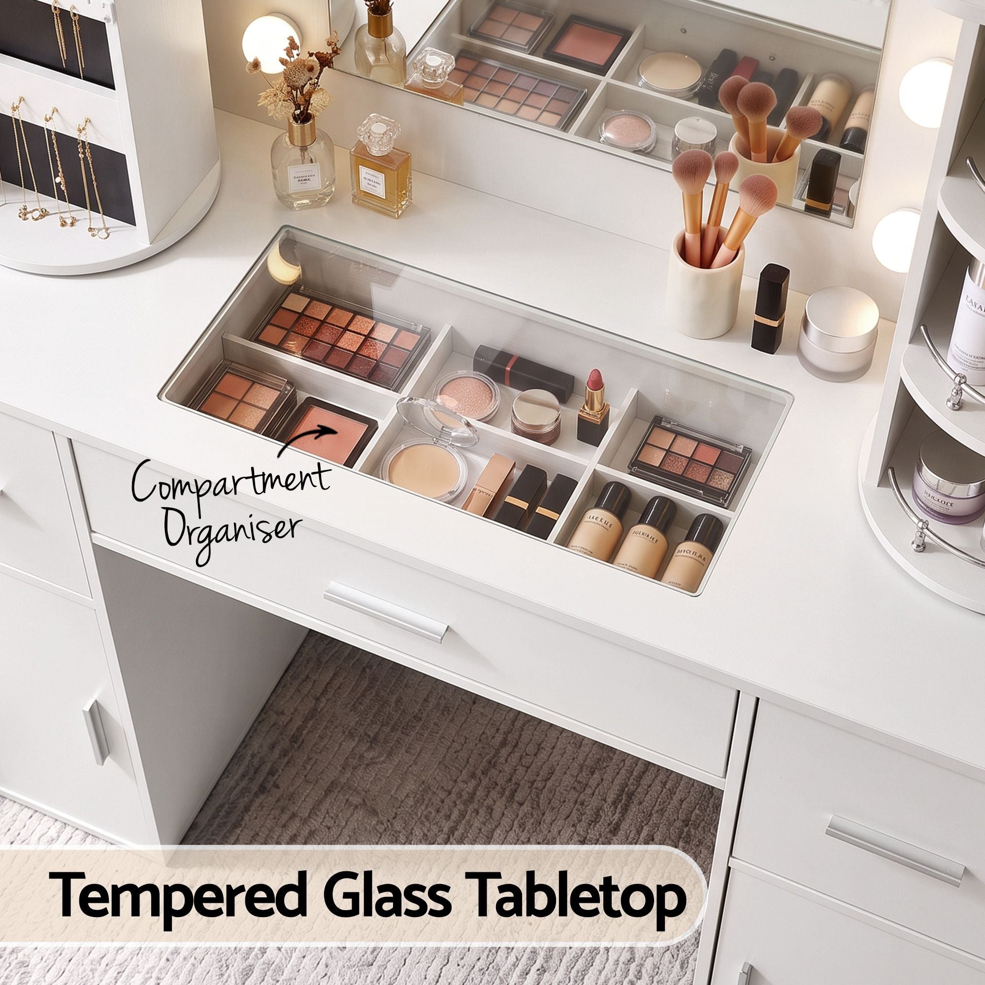 Artiss Dressing Table Vanity Desk LED Mirror Stool Set Charging Station Glass Top Rotating Shelf White Bedworld