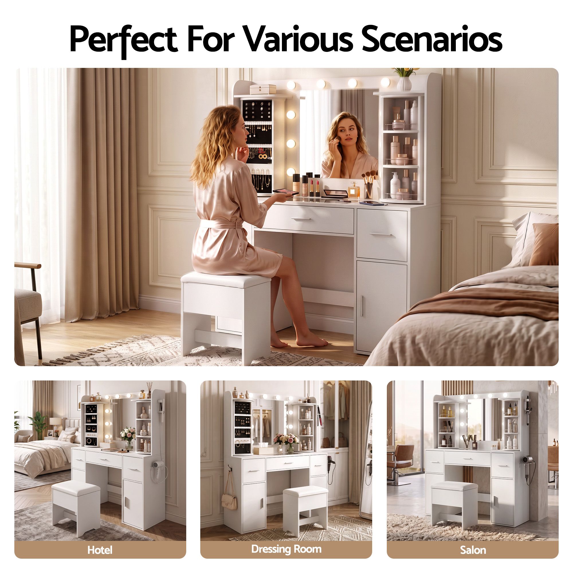 Artiss Dressing Table Vanity Desk LED Mirror Stool Set Charging Station Glass Top Rotating Shelf White Bedworld