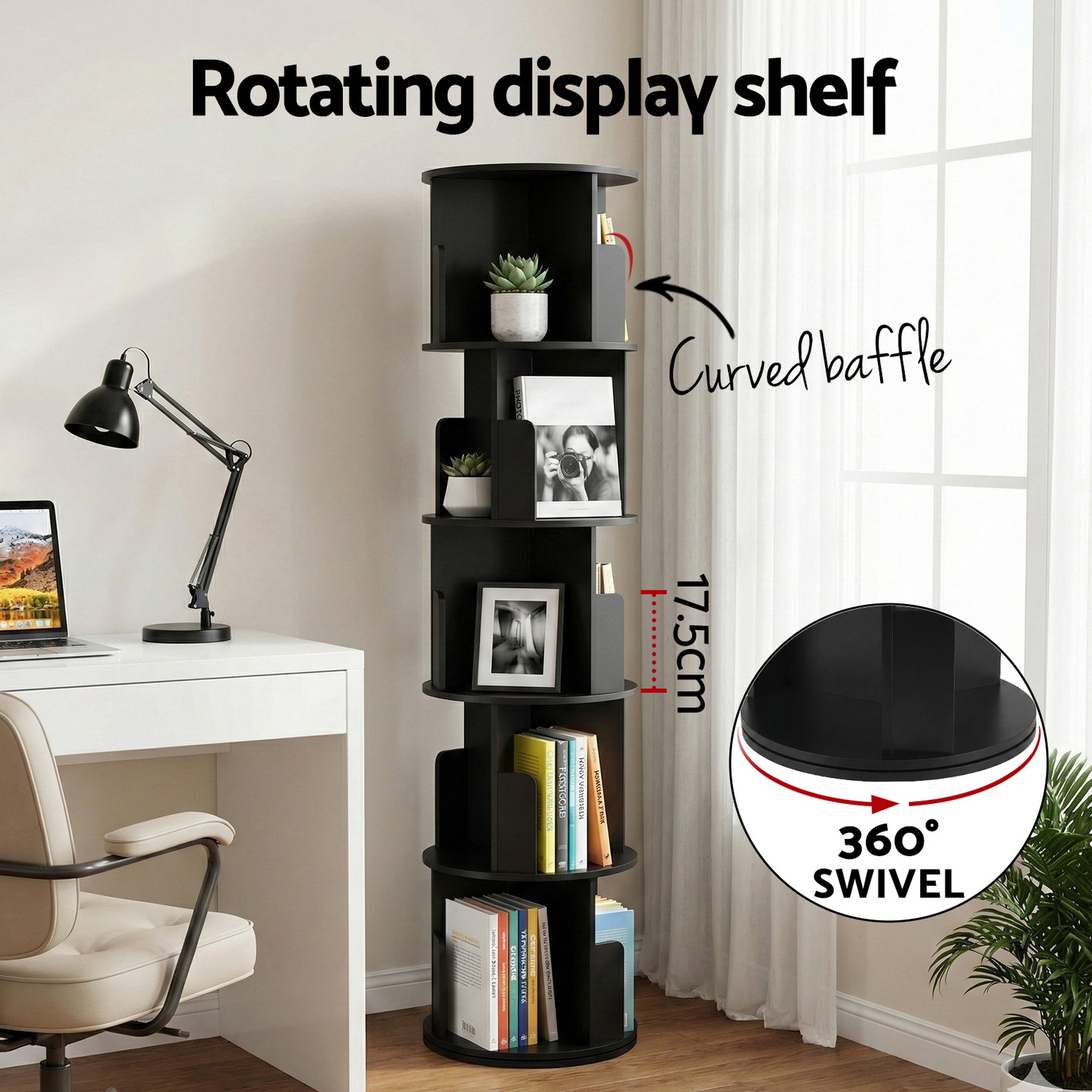 Artiss 5 Tiers Bookshelf Swivel Bookcase Display Shelves Stand Round Black Bedworld