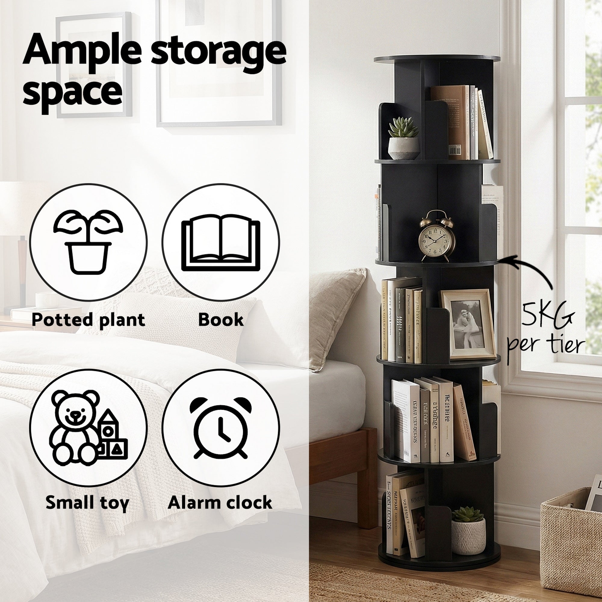 Artiss 5 Tiers Bookshelf Swivel Bookcase Display Shelves Stand Round Black Bedworld