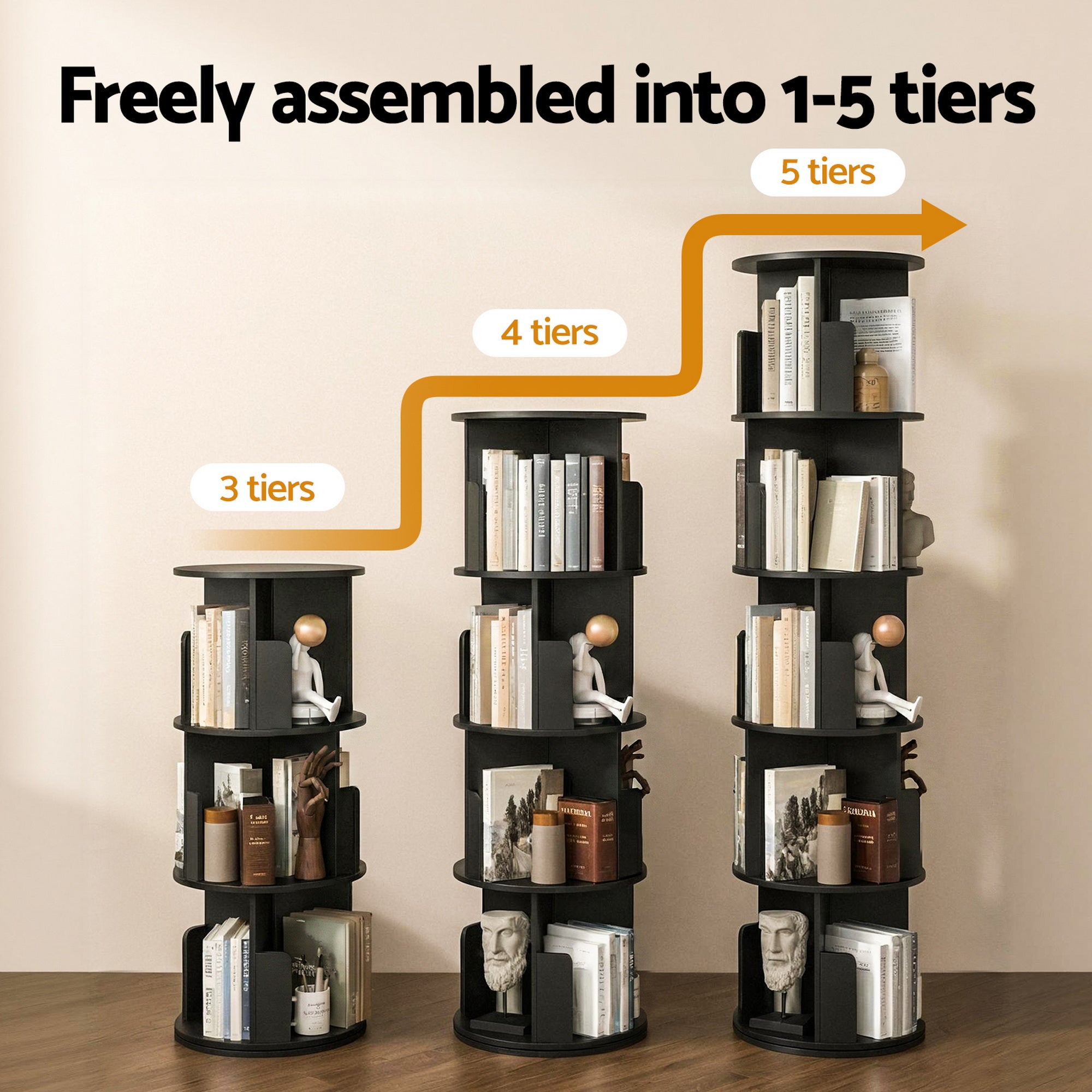 Artiss 5 Tiers Bookshelf Swivel Bookcase Display Shelves Stand Round Black Bedworld