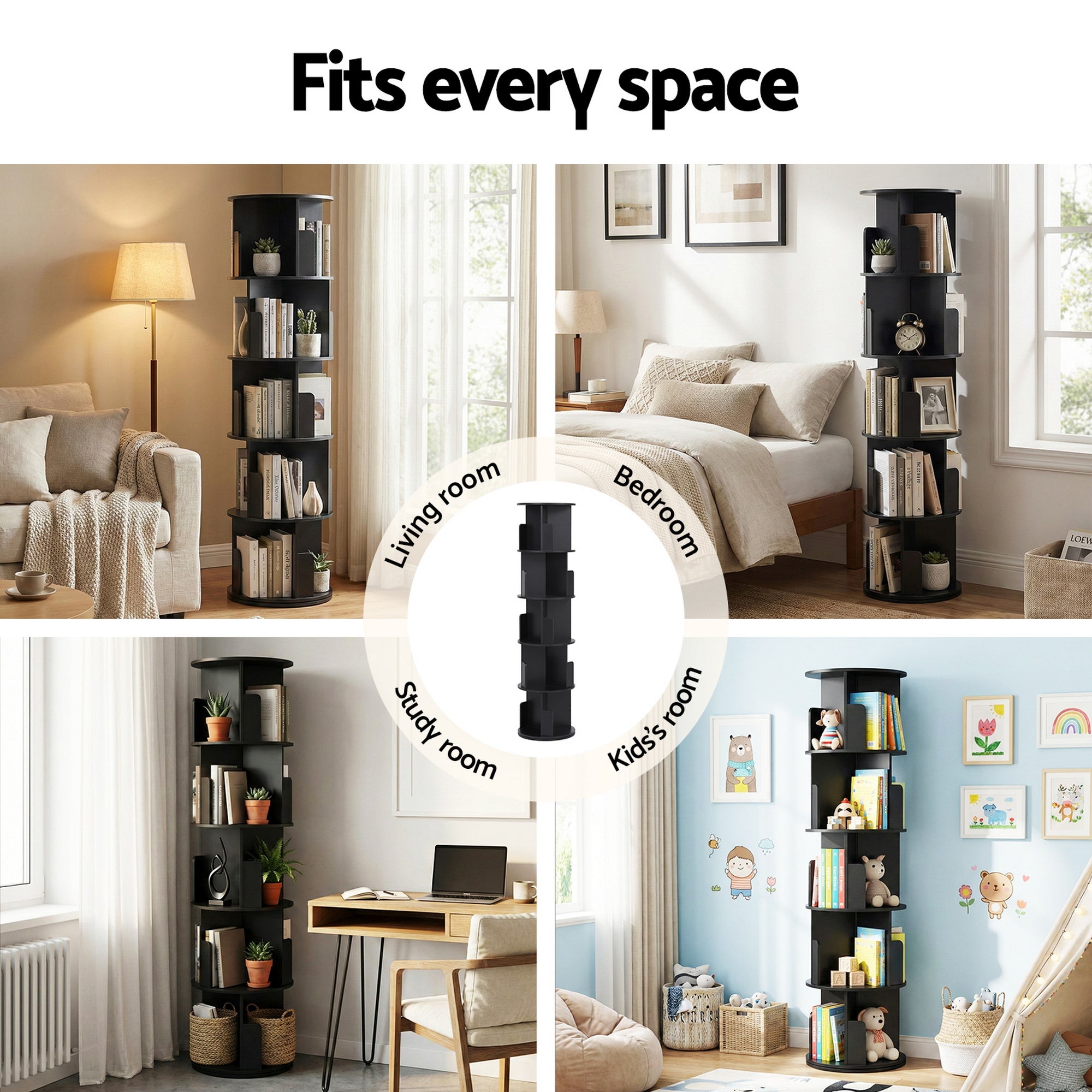 Artiss 5 Tiers Bookshelf Swivel Bookcase Display Shelves Stand Round Black Bedworld