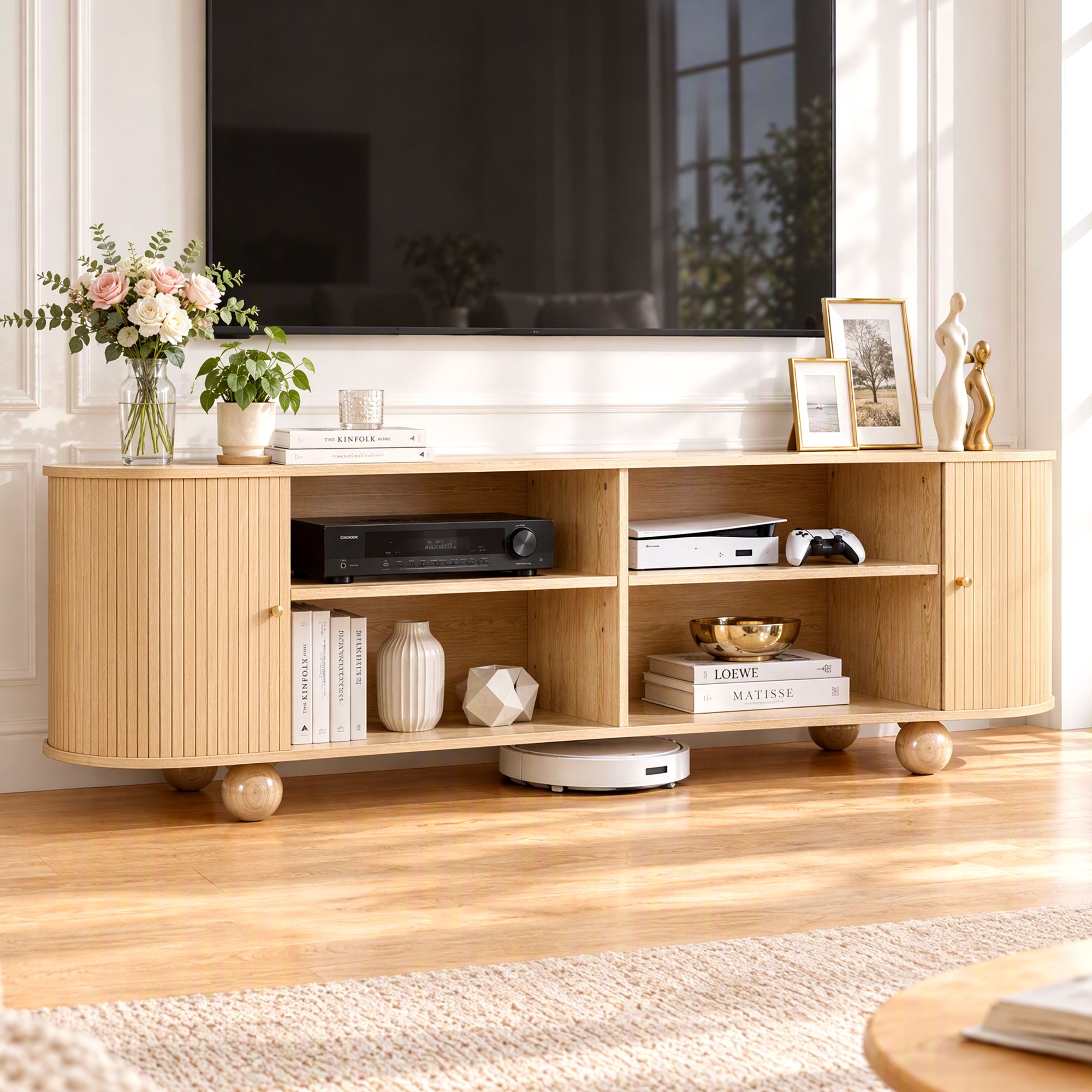 Artiss 180cm TV Unit Storage Shelf Curved Edge Sliding Fluted Style Door Pine Bedworld